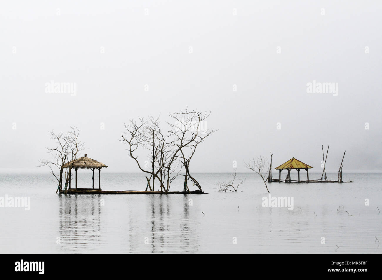 La pesca tradizionale le piattaforme di sedersi su un lago misty Tamblingan nelle prime ore del mattino, Bali, Indonesia Foto Stock