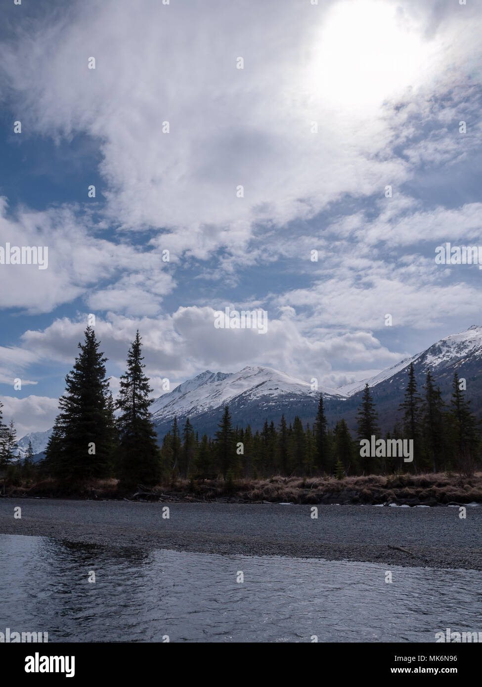 Eagle River, Chugach Mountains, Chugach State Park, Eagle River / Anchorage in Alaska,. Primavera Foto Stock