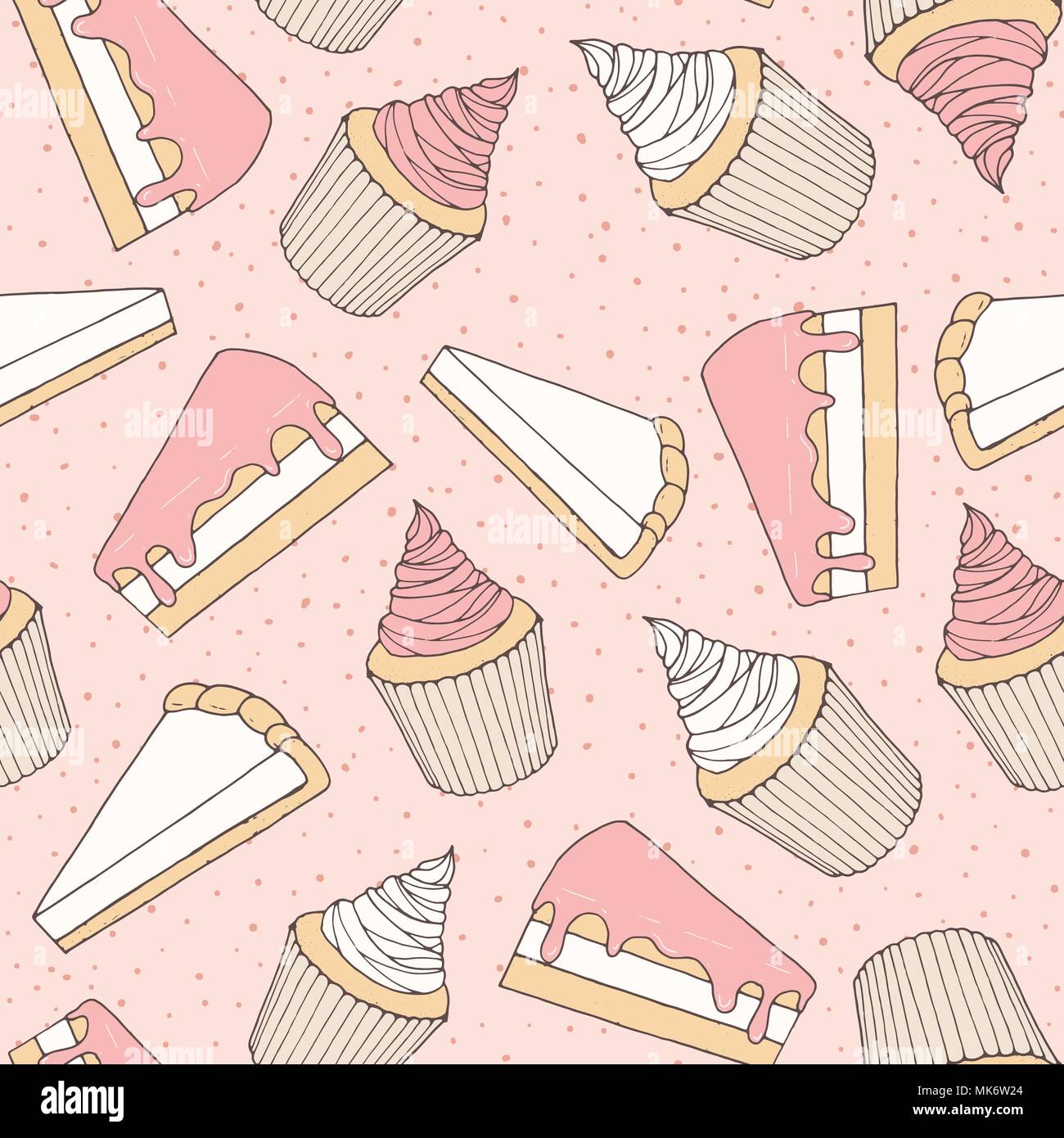 Disegnato a mano pasticceria vettore seamless pattern con torte e dolci pezzi e tortine coperto con rosa fragola topping. Ornamento sulla backgro punteggiata Illustrazione Vettoriale
