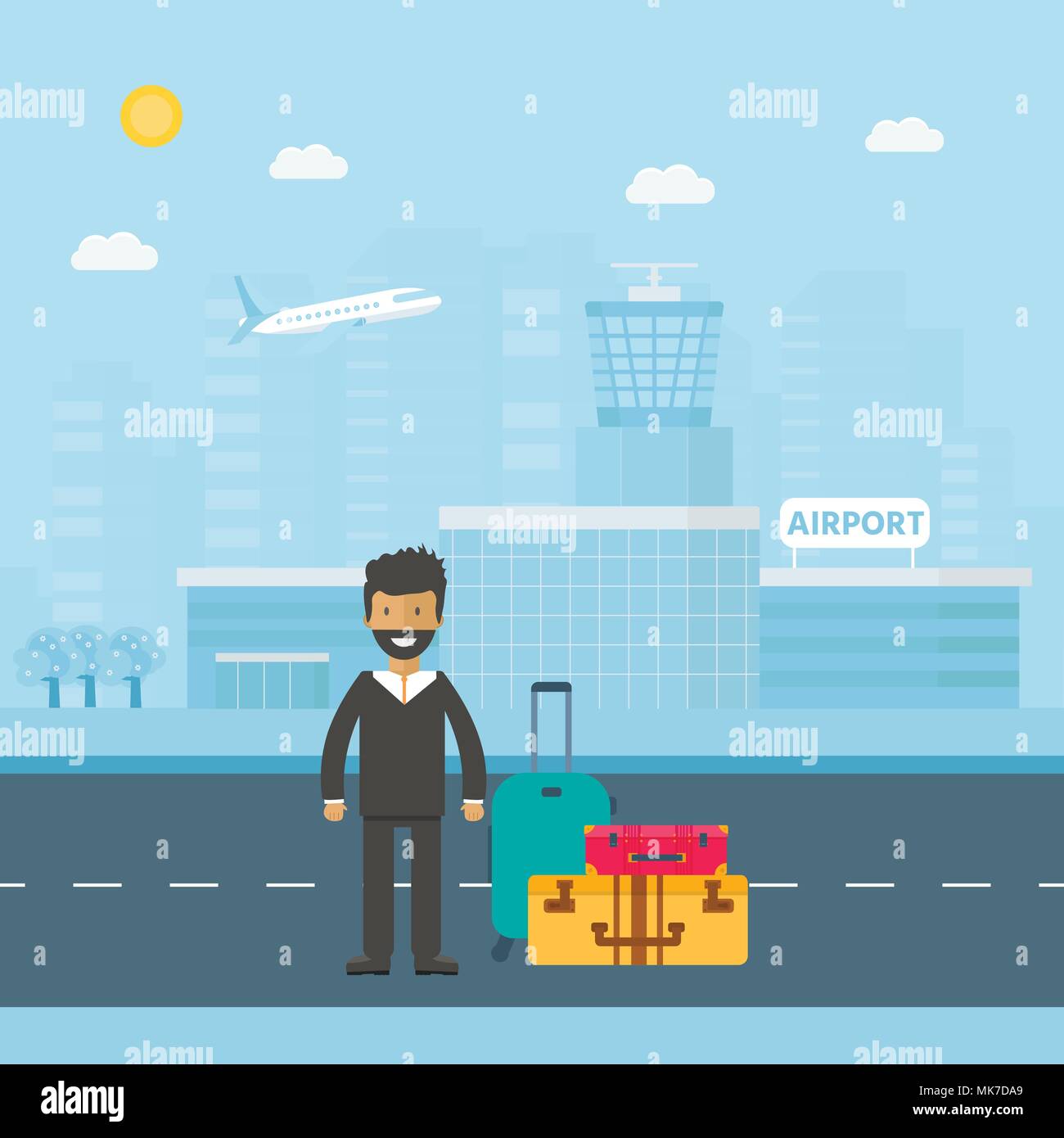 Banner con airport terminal in background con lo skyline della città e del carattere di bagaglio. Vector design piatto illustrazione di aeroporto moderno edificio. Illustrazione Vettoriale