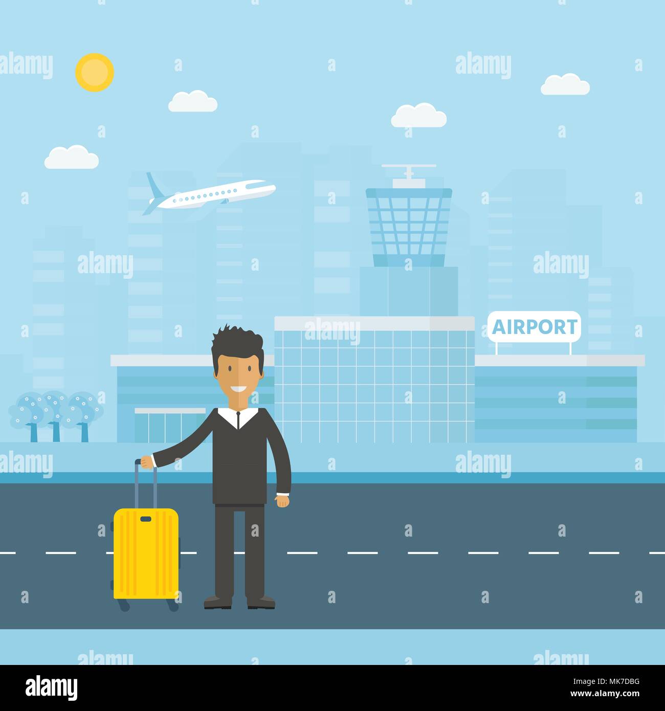 Banner con airport terminal in background con lo skyline della città e del carattere di bagaglio. Vector design piatto illustrazione di aeroporto moderno edificio. Illustrazione Vettoriale