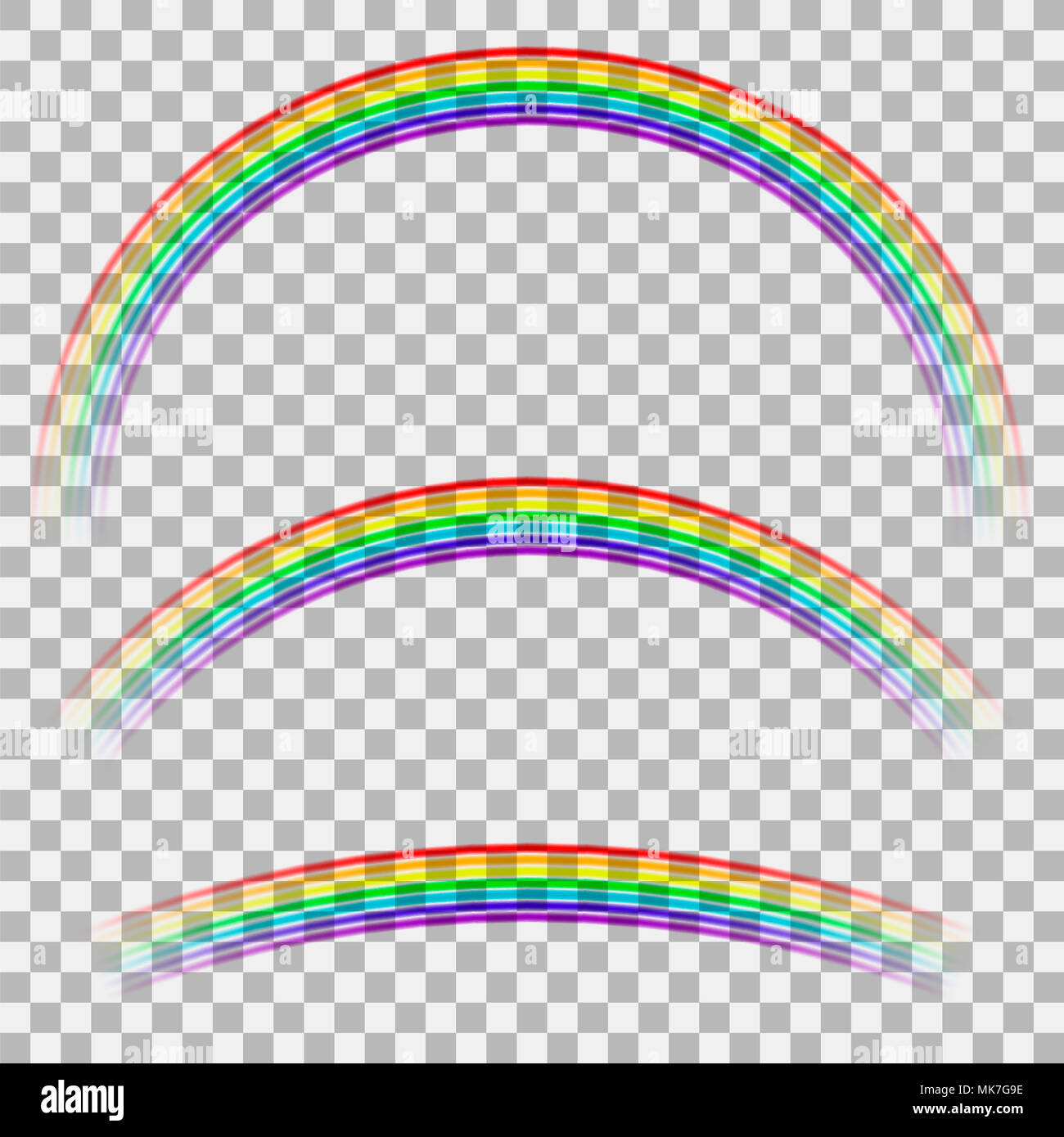 Curva arcobaleno colorato su sfondo a scacchi. Trasparente icona meteo. Spettro di pattern colorati Foto Stock
