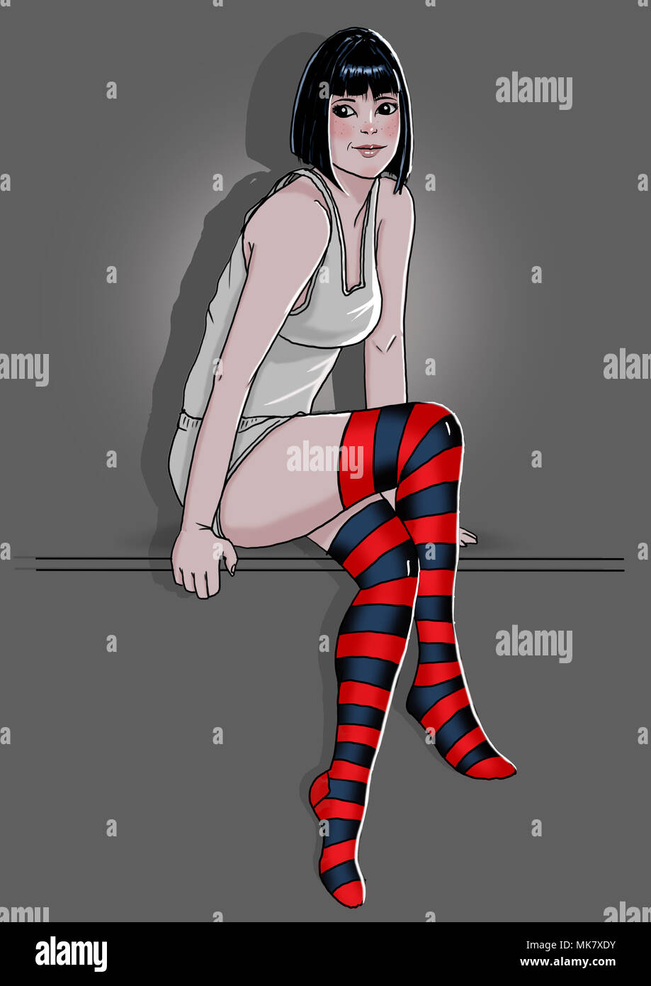 Illustrazione Digitale di una ragazza seduta in pigiama e lungo nero e calzini rossi Foto Stock