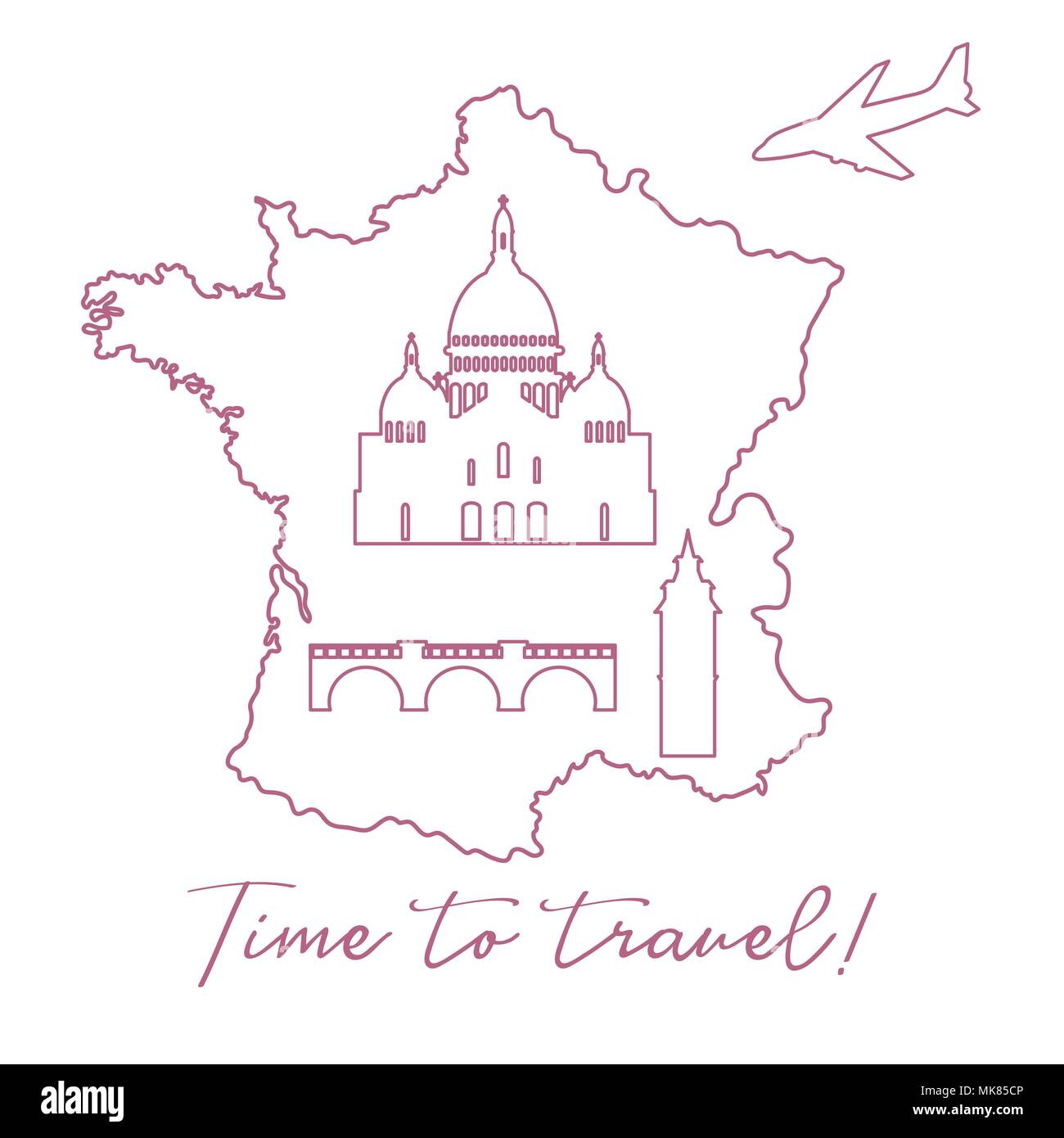 Mappa di Francia, bridge tower, basilica, piano. Viaggi e tempo libero. Illustrazione Vettoriale