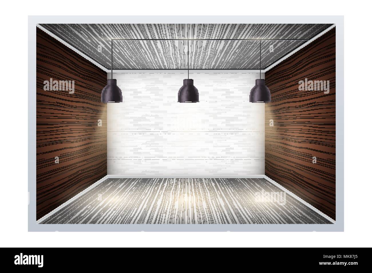Esempio di una stanza vuota con un muro di mattoni e pannelli in legno. Semplice interno senza fornire e mobili. Imitazione di uno spazio tridimensionale. Vecto Illustrazione Vettoriale