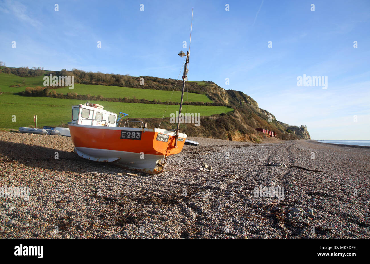 La spiaggia di ciottoli a branscombe sulla South Devon Coast Foto Stock