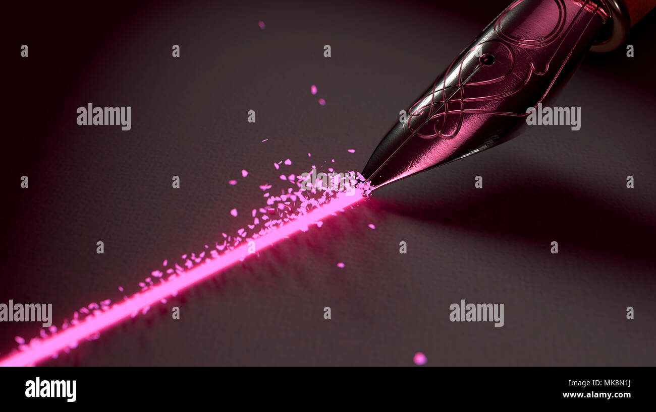 Una vista ingrandita di un raffinato pennino metallico di una vecchia penna stilografica disegno rettilineo un inchiostro rosa linea di cuori che emana - 3D render Foto Stock