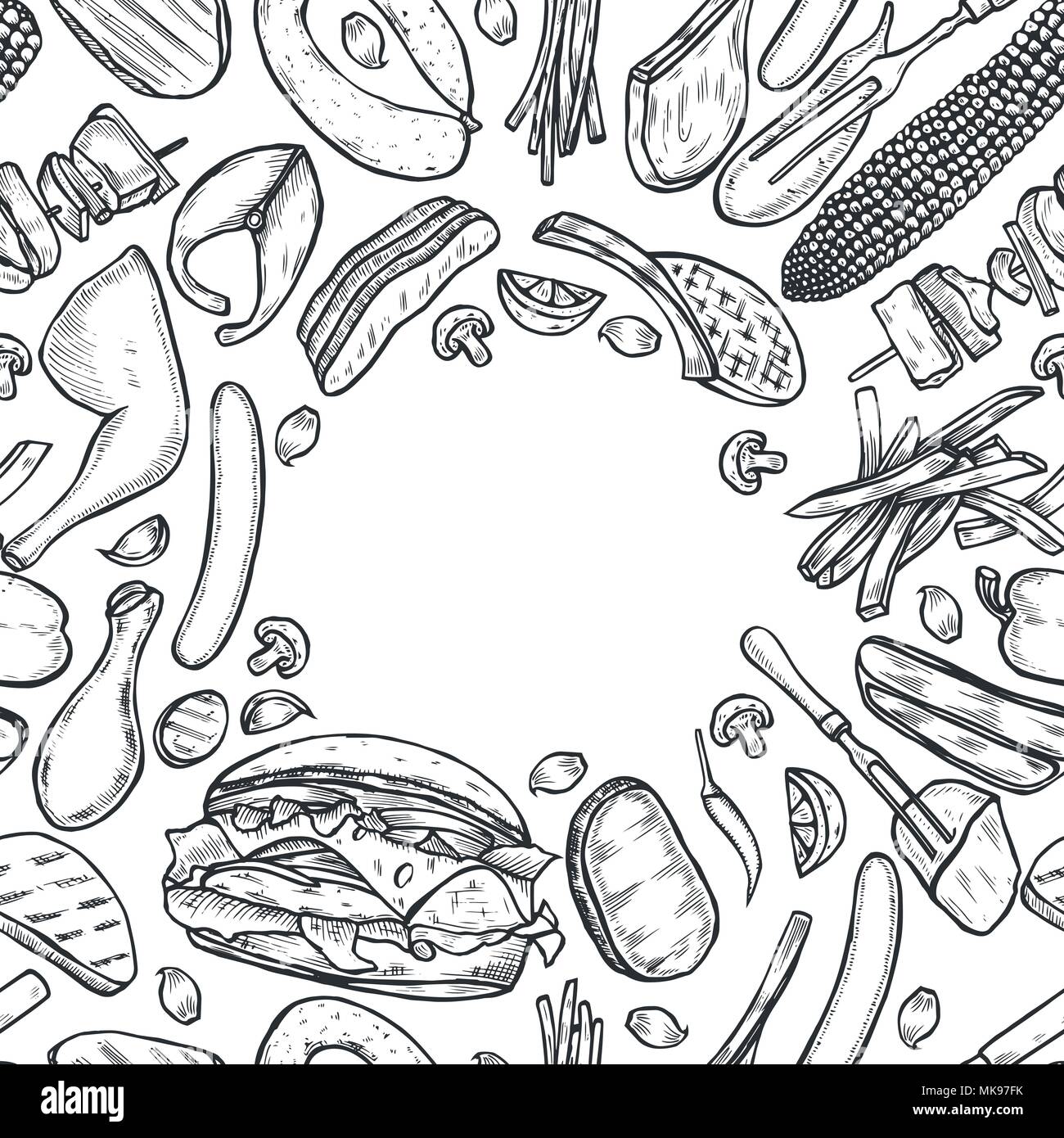 Disegnata a mano verdure grigliate vista superiore telaio, cucina vegetariana. Grill menu Design modello. Illustrazione Vettoriale. Design inciso. illustrazione. Il cibo Illustrazione Vettoriale