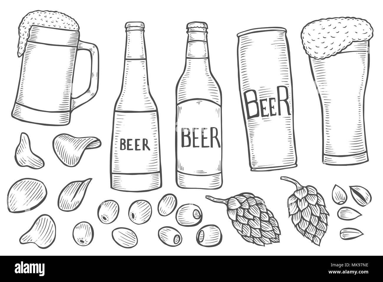 Set di vettore di una monocromatica di bottiglie di birra e di vetro, luppolo, olive, chip illustrazione vettoriale isolato su bianco Illustrazione Vettoriale