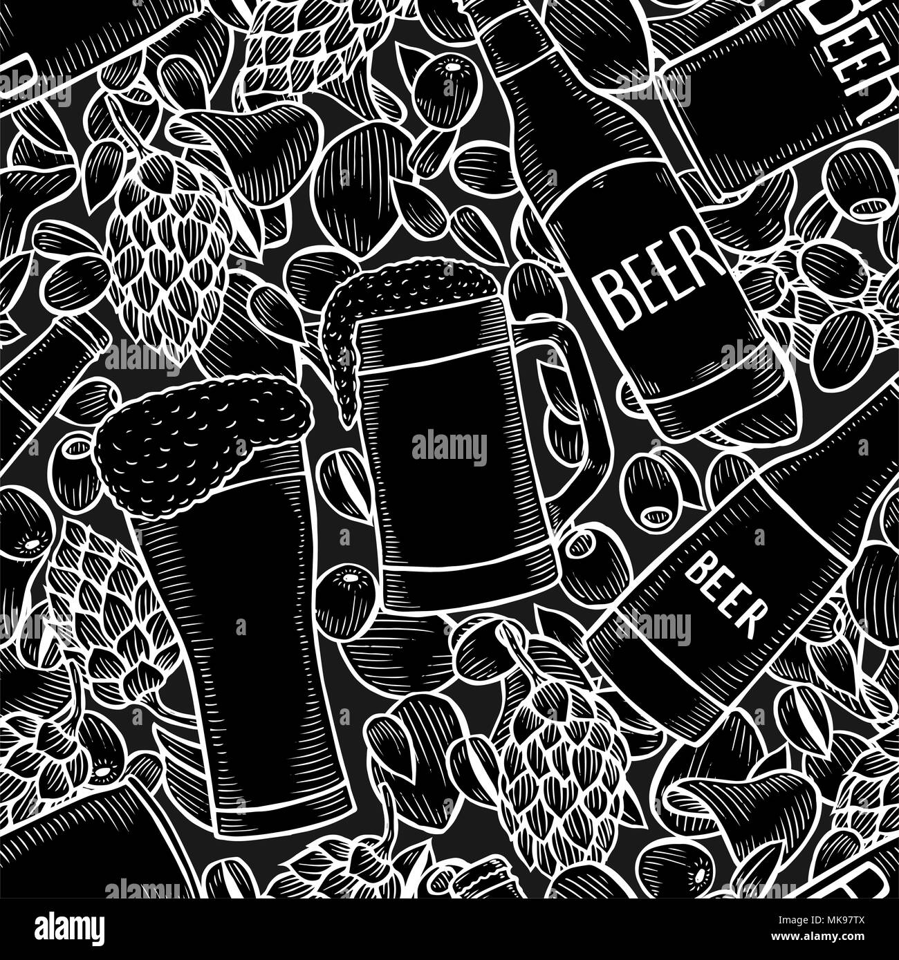 Sfondo di birra decorato con il luppolo e malto mazzetto, diversi tipi di birra, bottiglie e salatini. Vettore di vintage oktoberfest seamless pattern ho disegnato Illustrazione Vettoriale