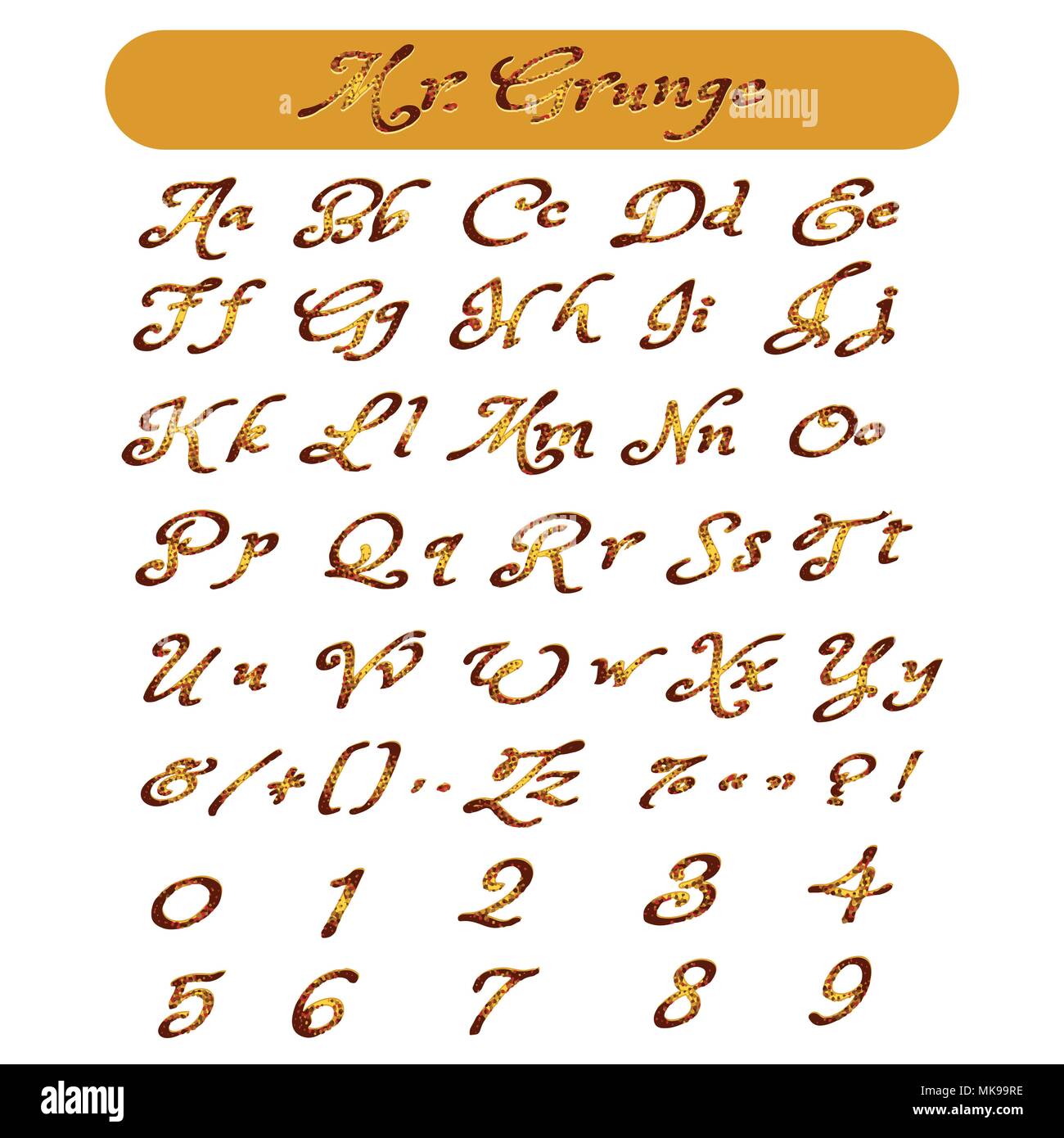 Disegnata a mano colorato alfabeto grunge. Lettere e numeri isolati su bianco. Illustrazione Vettoriale. Illustrazione Vettoriale