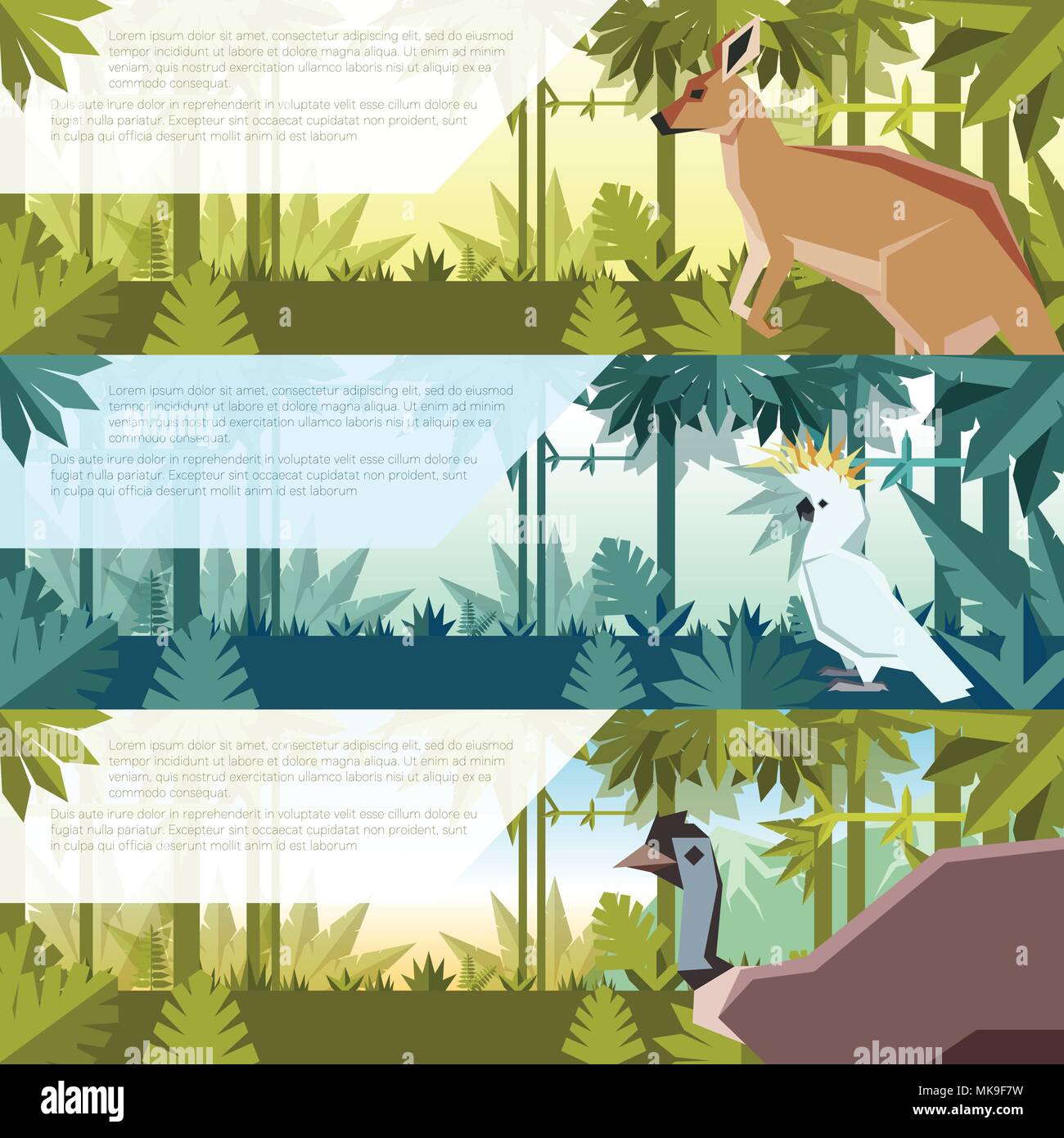 Immagine vettoriale del set di banner piatta con animali Australiani canguro, zockatoo e UEM Illustrazione Vettoriale