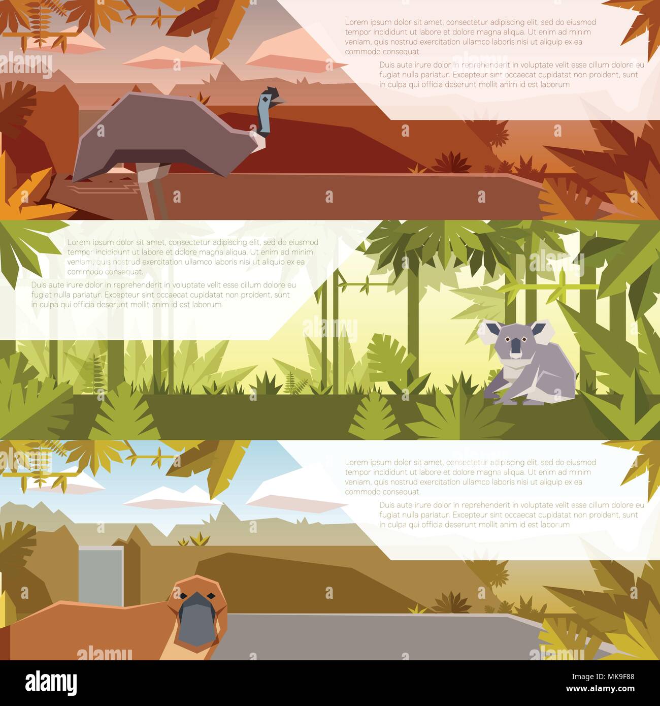 Immagine vettoriale del set di banner piatta con animali Australiani UEM, koala e platypus Illustrazione Vettoriale