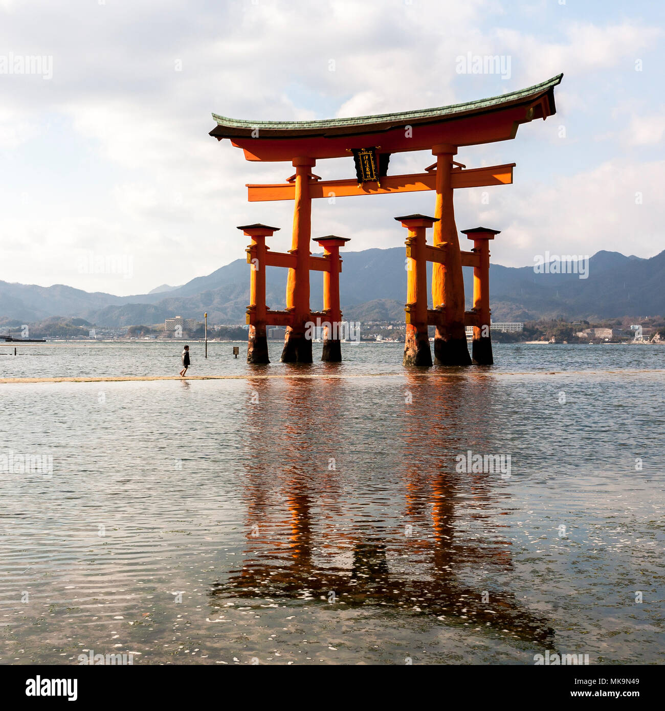 Miyajima, Giappone - 28 dicembre 2009: Floating Torii Gate del santuario di Itsukushima al largo dell'isola di Miyajima. Foto Stock