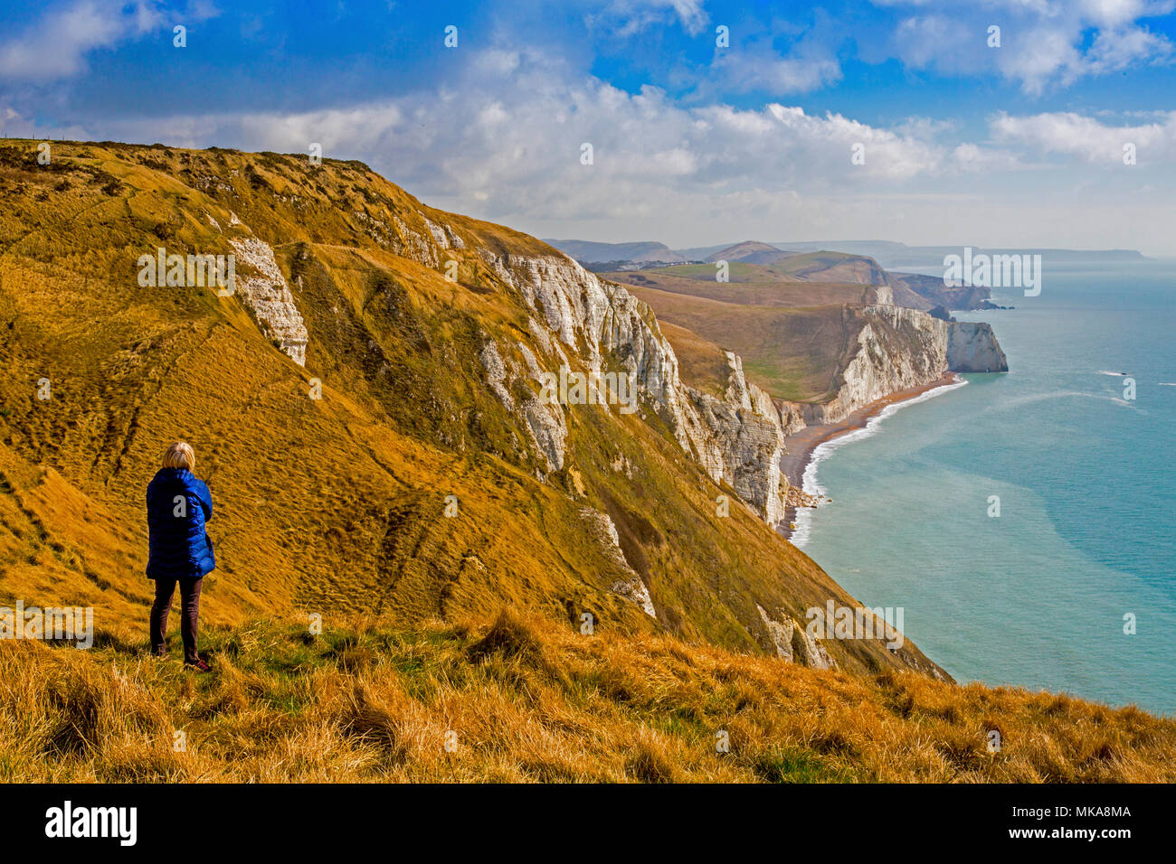 Guardando ad est dal bianco noil punto verso il bat in testa su Jurassic Coast Path. Il Dorset, England, Regno Unito Foto Stock