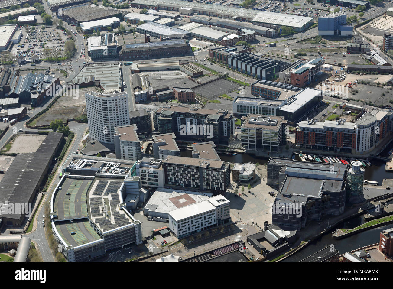 Vista aerea di Leeds Dock precedentemente Clarence Dock, Leeds Foto Stock