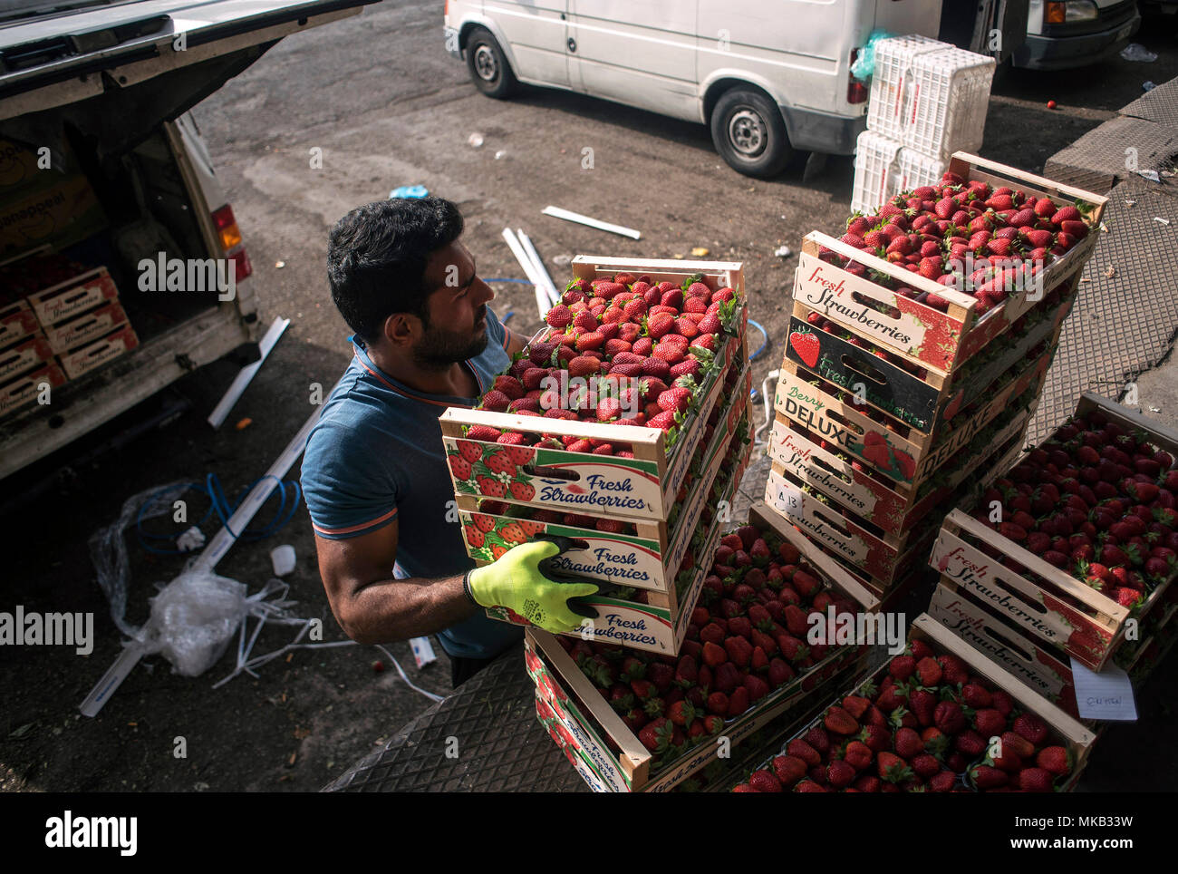 Un lavoratore carichi di casse con fresche Fragole greco nella Frutta & Verdura in Atene, Grecia. ©Elias Verdi/Alamy Stock Foto Foto Stock