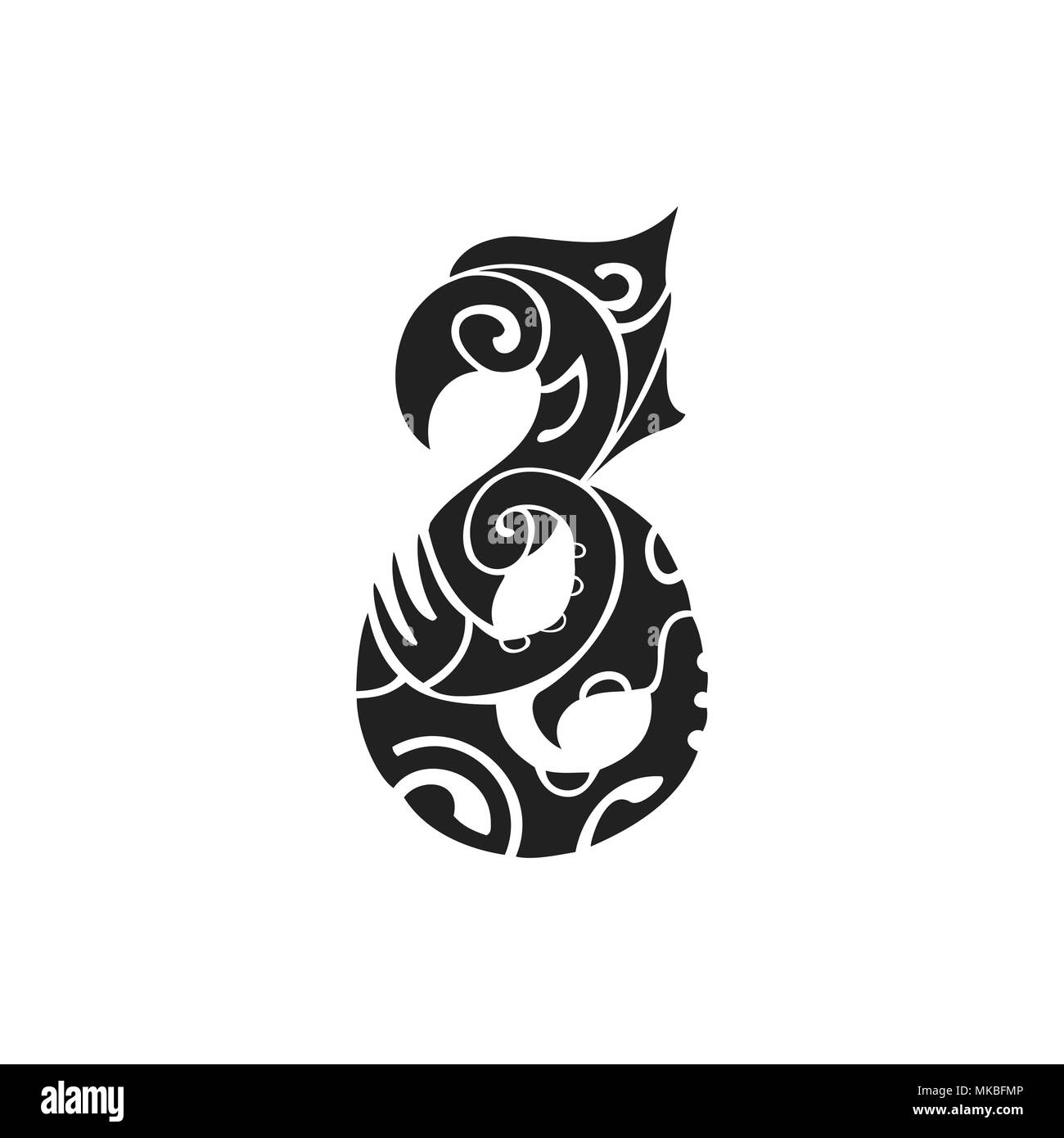 Vector nero inchiostro monocromatico disegnati a mano polinesiano autentico folk art simbolo creatura mitologica Manaia illustrazione isolato sfondo bianco Illustrazione Vettoriale