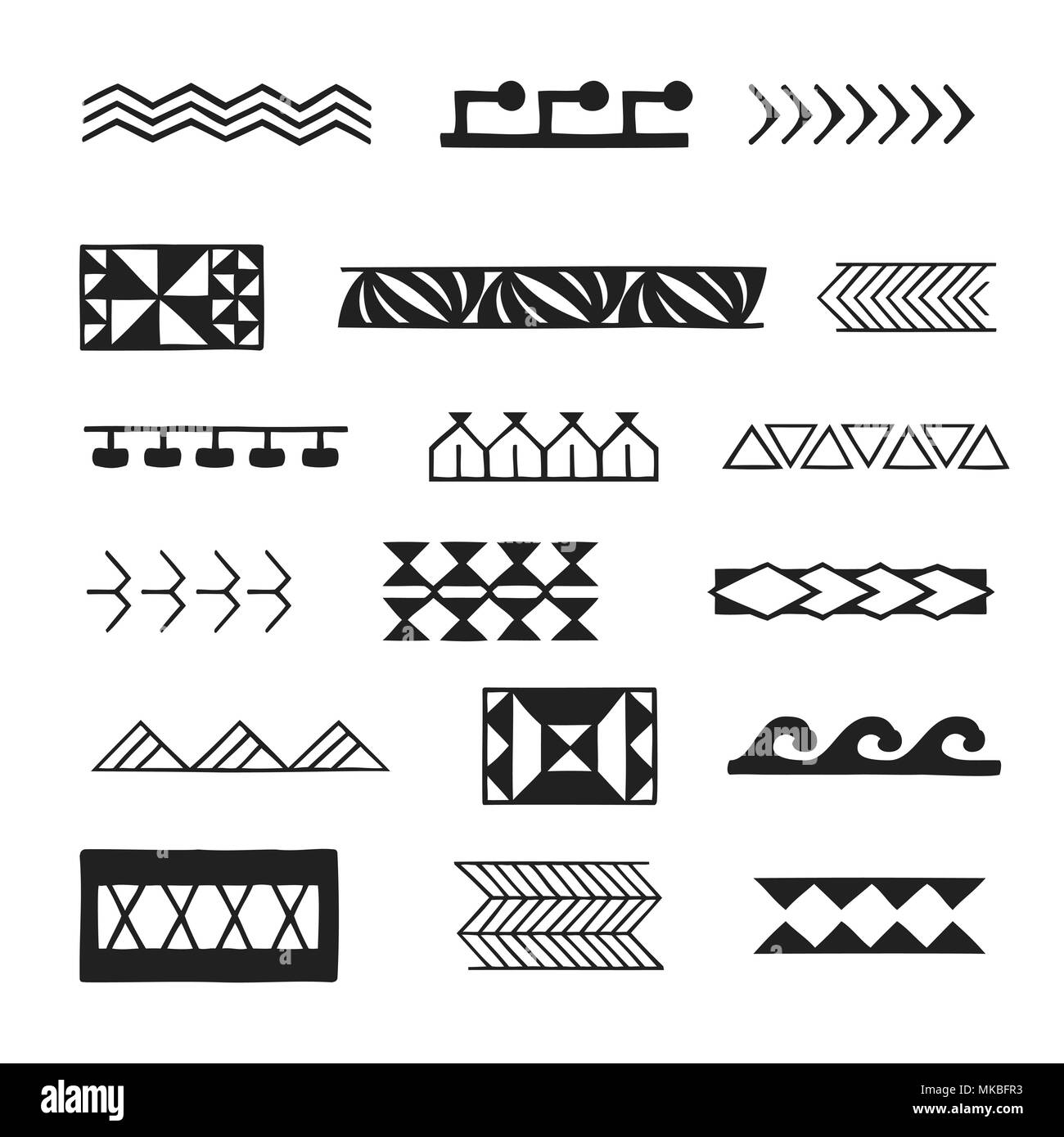 Vector nero inchiostro monocromatico disegnati a mano polinesiano autentico folk art simboli modelli corsa onde del mare, piccioni, kamiki, foglie, denti di squalo, tonno, Illustrazione Vettoriale Vector nero inchiostro monocromatico disegnati a mano polinesiano autentico folk art simboli modelli corsa onde del mare, piccioni, kamiki, foglie, denti di squalo, tonno, Illustrazione Vettoriale