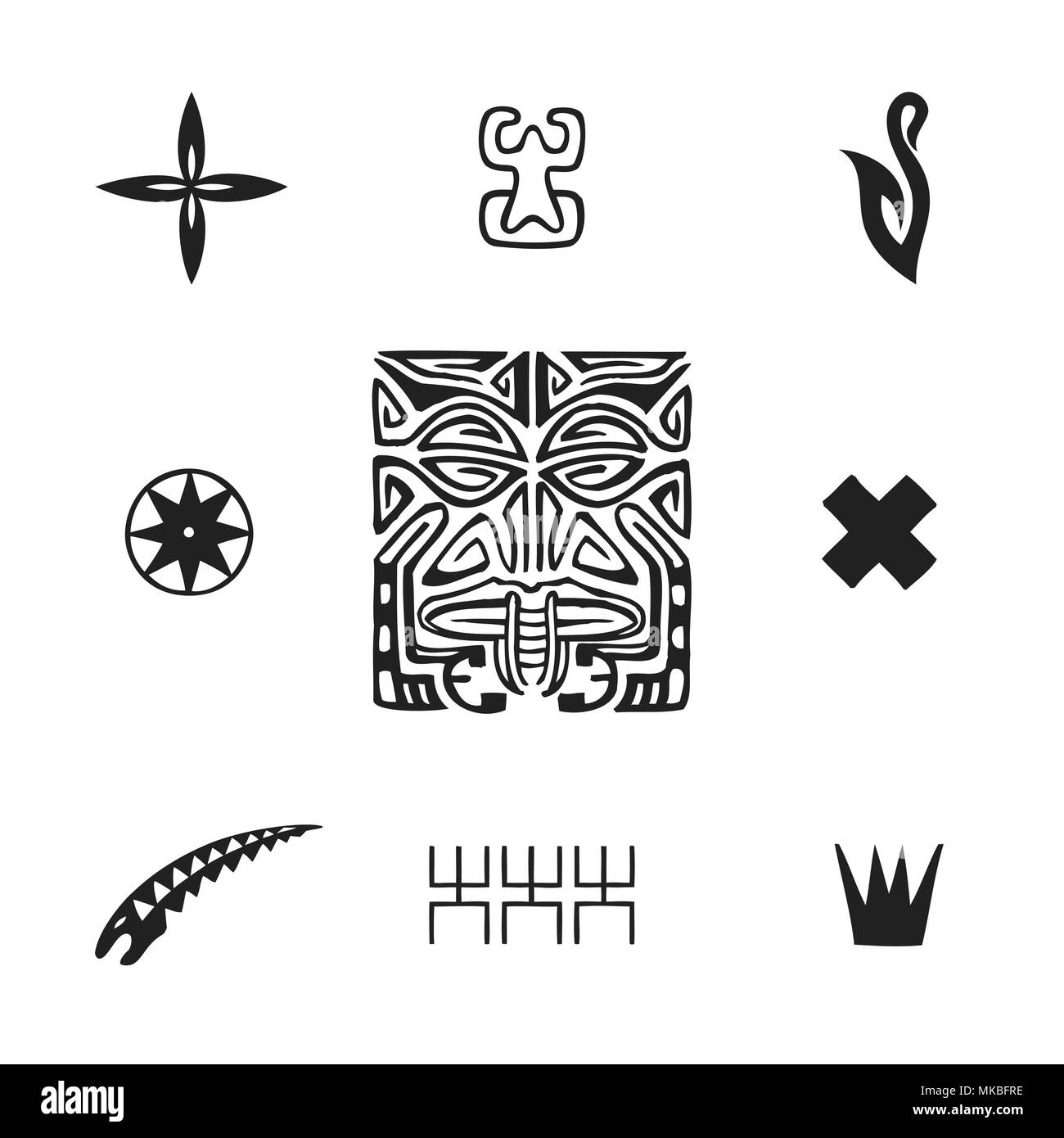 Vector nero inchiostro monocromatico disegnati a mano polinesiano autentico folk art simboli Tiki, tapa fiore, Enata, pesce gancio, Puahitu, bussola, murene, Kena warri Illustrazione Vettoriale
