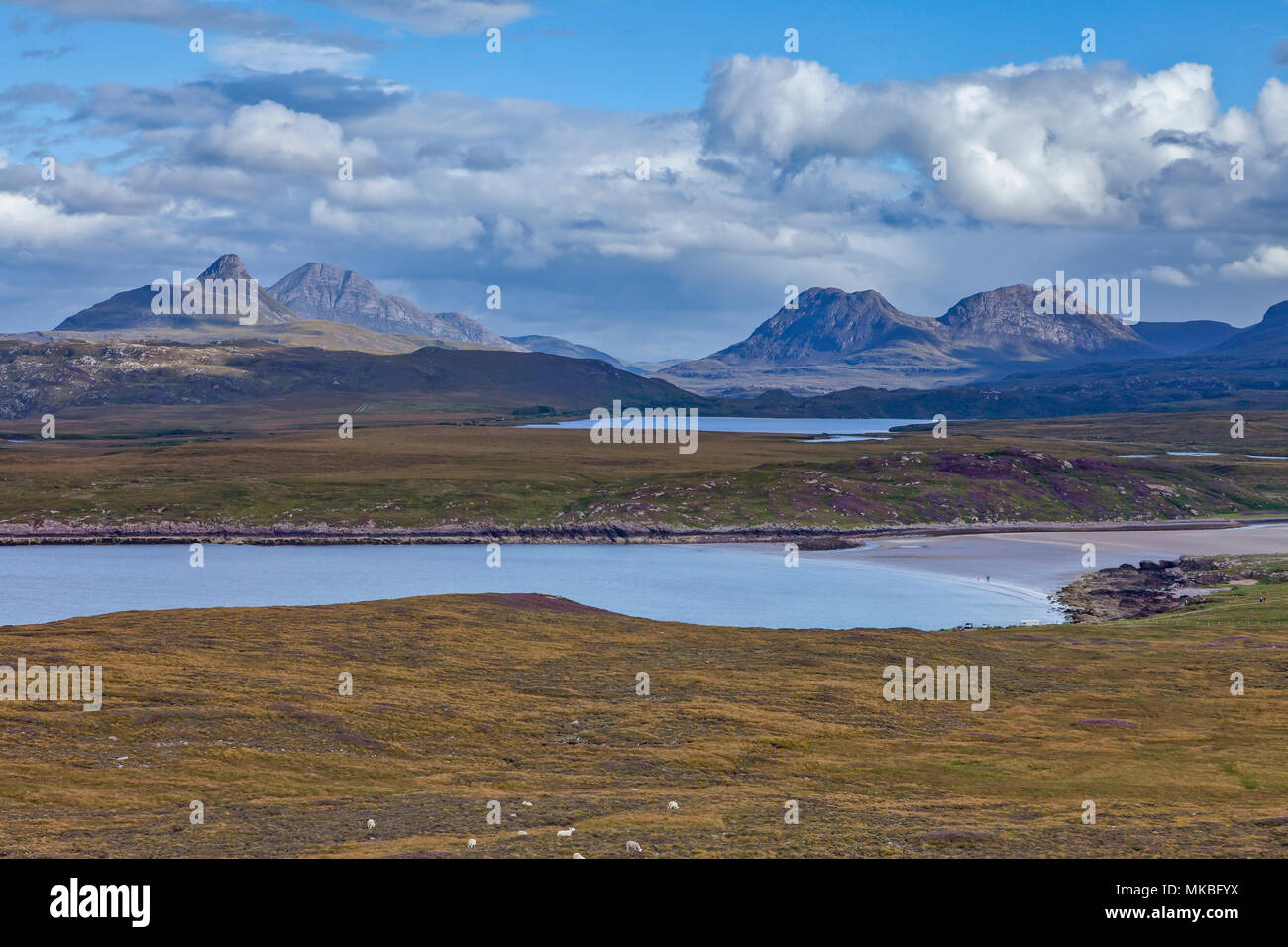 Guardando attraverso Achnahaird Bay per le montagne di Inverpolly nella distanza. Assynt, Scozia. Foto Stock