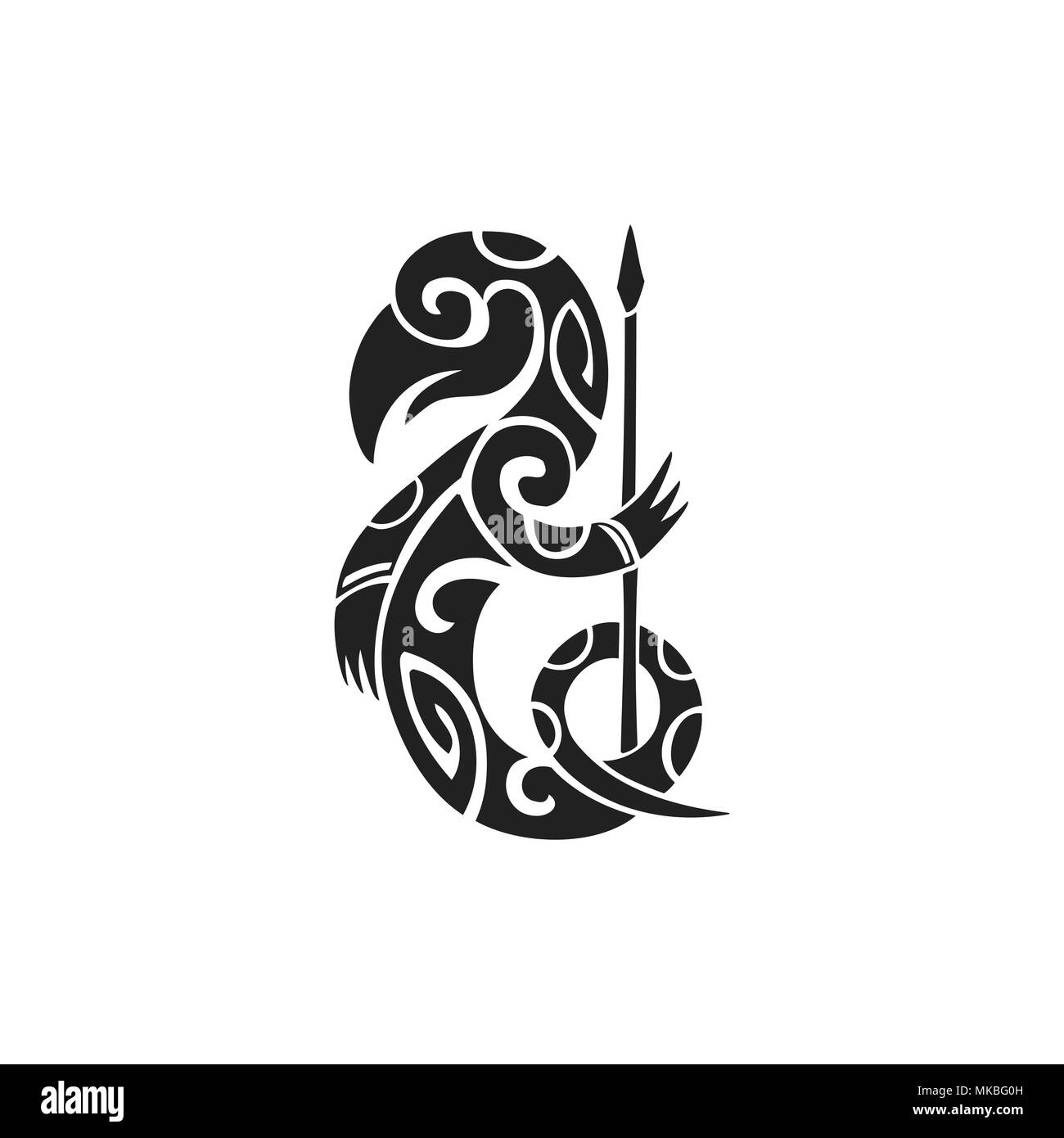 Vector nero inchiostro monocromatico disegnati a mano polinesiano autentico folk art simbolo creatura mitologica Taniwha illustrazione isolato sfondo bianco Illustrazione Vettoriale