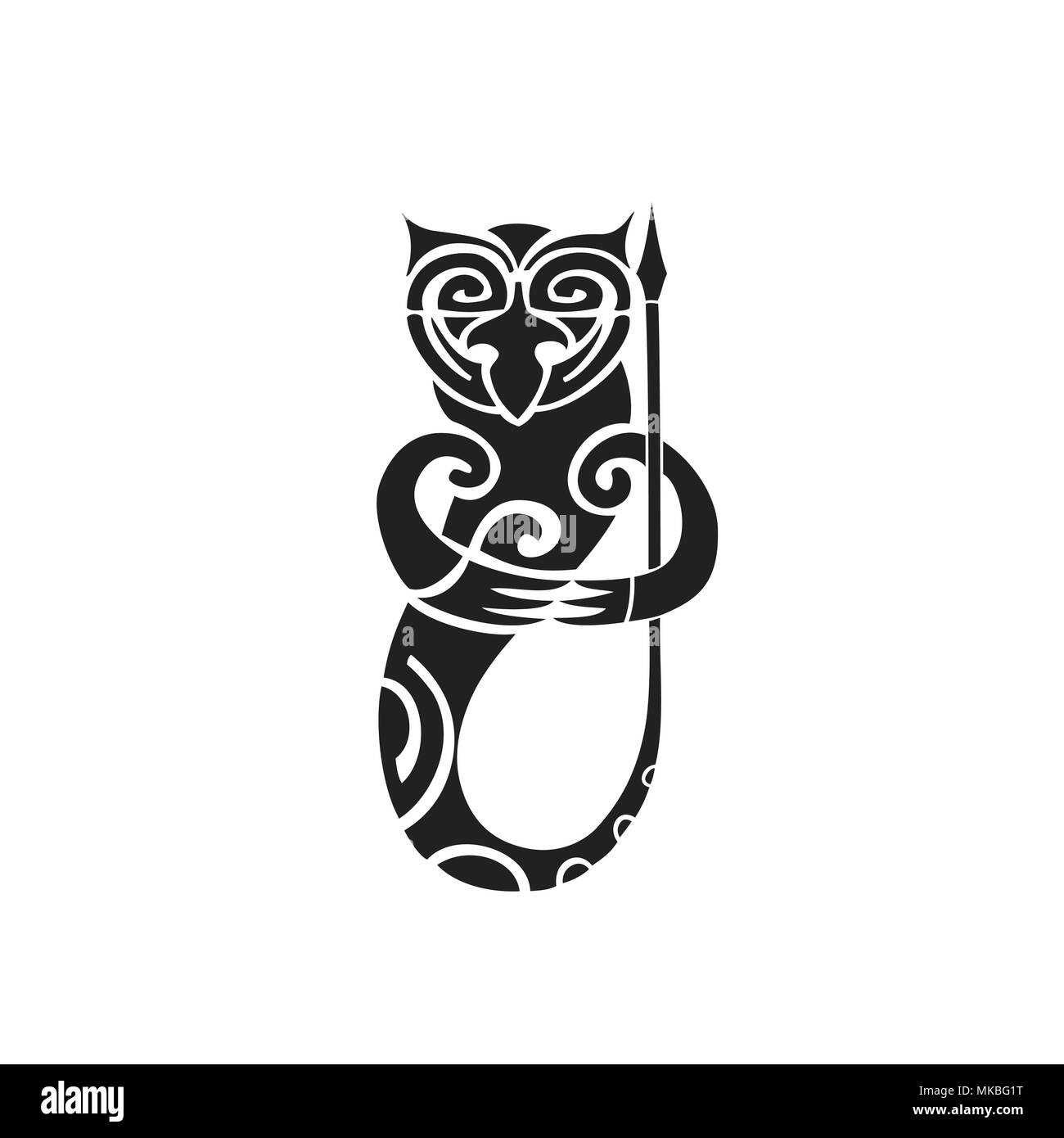 Vector nero inchiostro monocromatico disegnati a mano polinesiano autentico folk art simbolo creatura mitologica Taniwha illustrazione isolato sfondo bianco Illustrazione Vettoriale