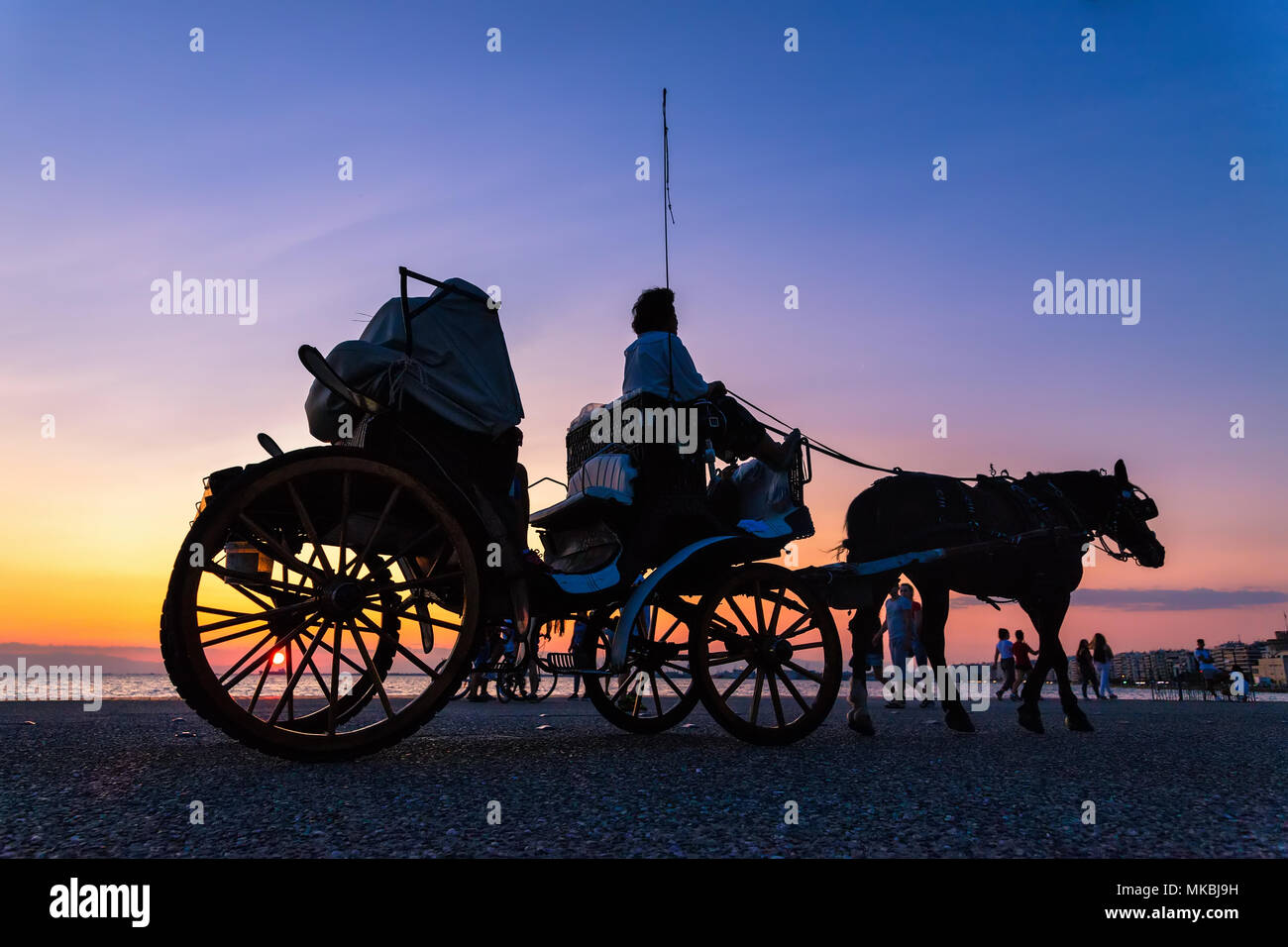 Carrozza a cavallo cavalcare al tramonto Foto Stock