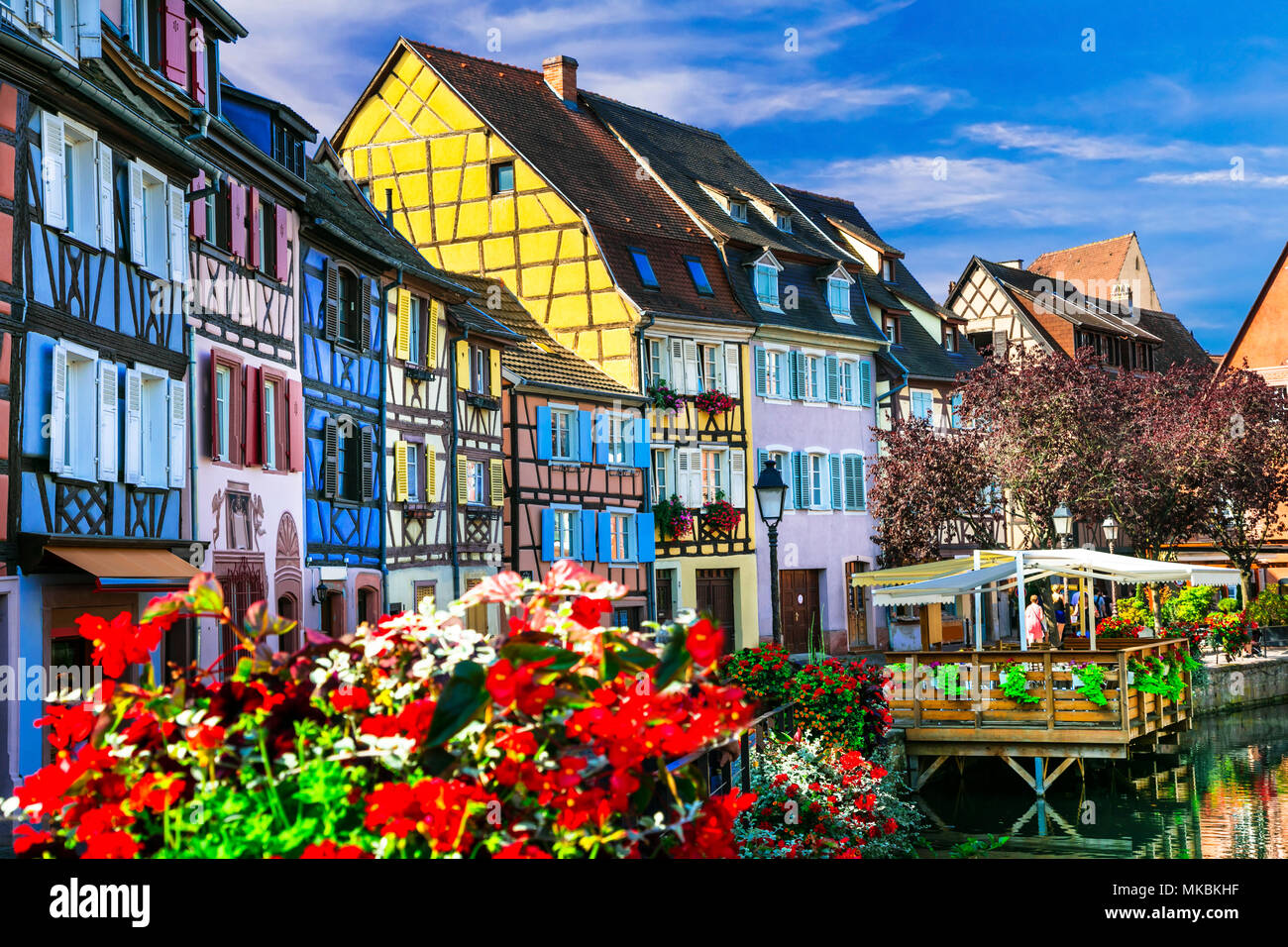 Tradizionali case colorate in Colmar città,l'Alsazia, Francia. Foto Stock