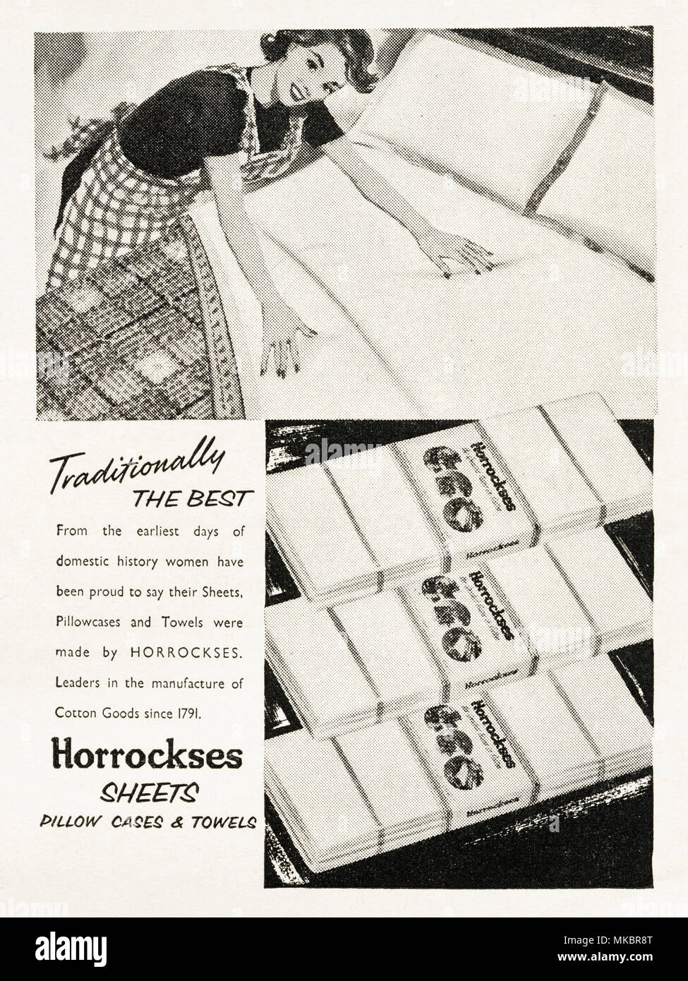 Anni Cinquanta vintage originale pubblicità pubblicità Horrockses lenzuola  di cotone federe e asciugamani in rivista inglese circa 1958 Foto stock -  Alamy