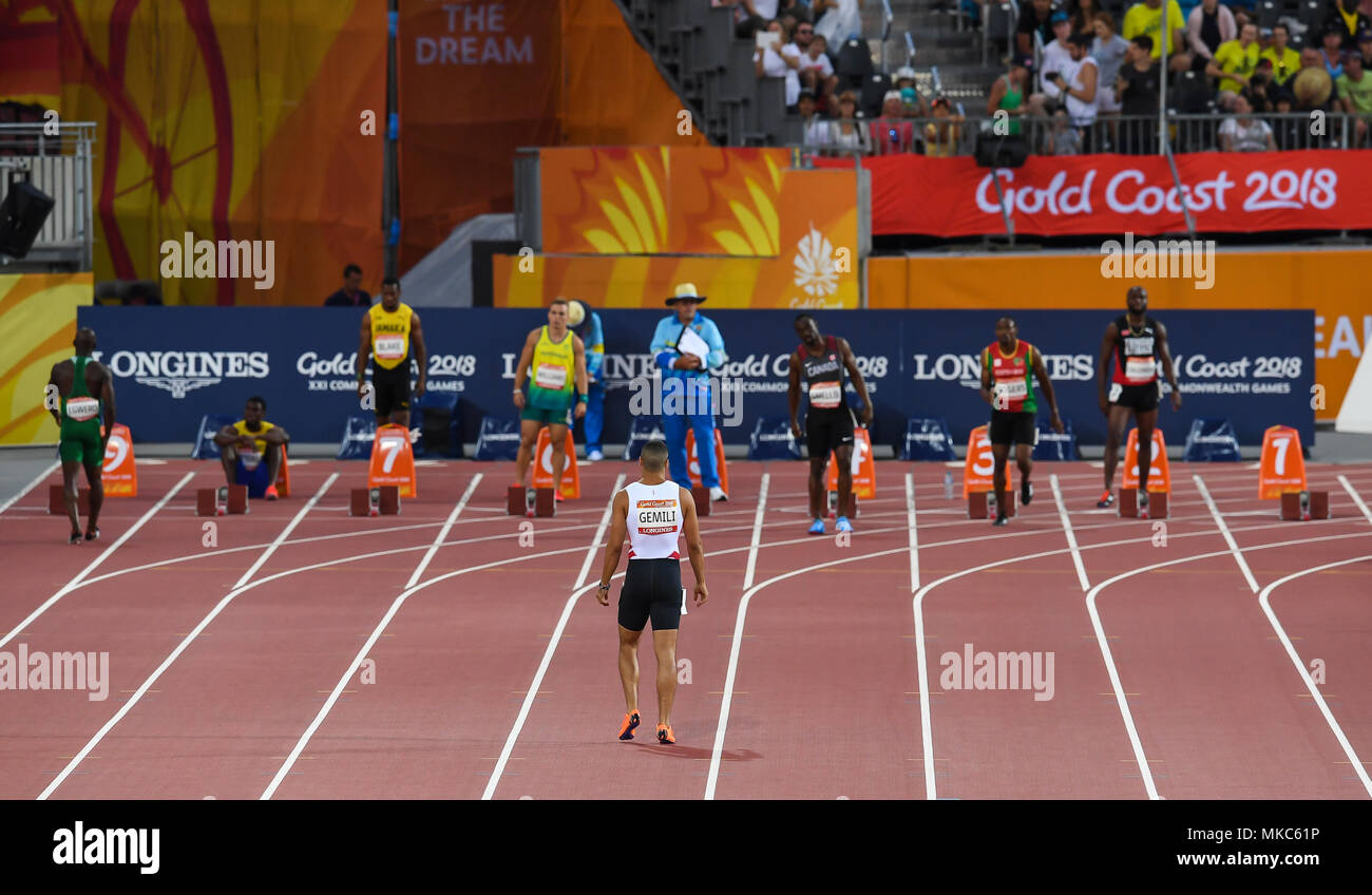 GOLD COAST, Australia - 8 aprile: Ogho-Oghene Egwero, Ramon Gittens, Yohan Blake, trae Williams, Adam Gemili, Gavin Smellie, Jason Rogers, Emmanuel Ca Foto Stock