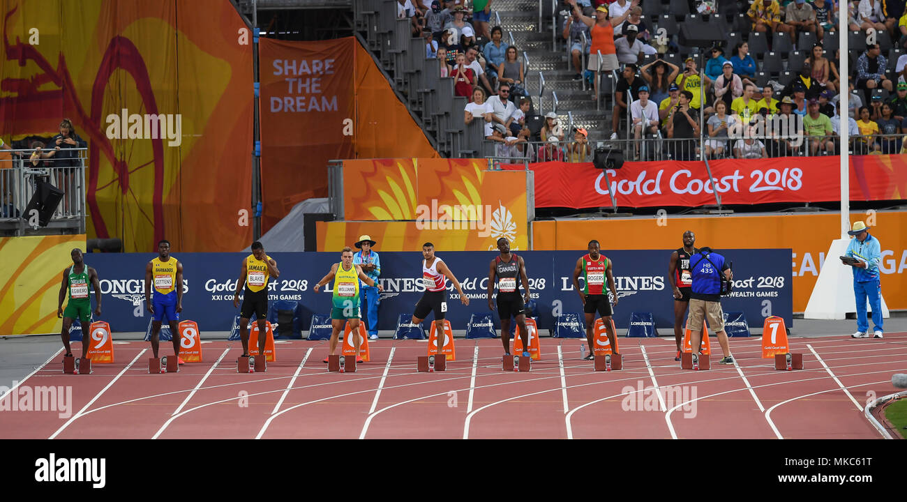 GOLD COAST, Australia - 8 aprile: Ogho-Oghene Egwero, Ramon Gittens, Yohan Blake, trae Williams, Adam Gemili, Gavin Smellie, Jason Rogers, Emmanuel Ca Foto Stock