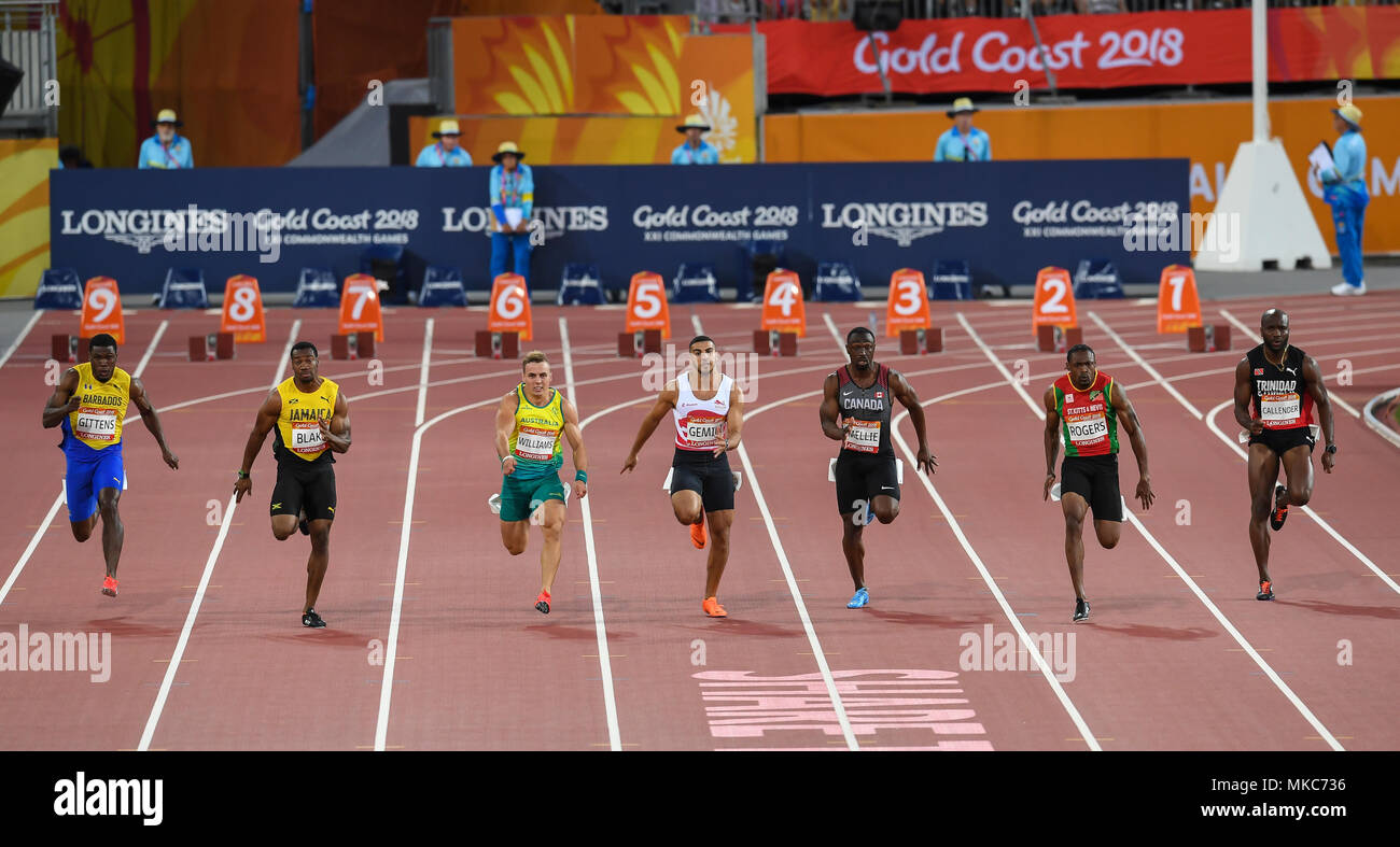 GOLD COAST, Australia - 8 aprile: Ramon Gittens, Yohan Blake, trae Williams, Adam Gemili, Gavin Smellie, Jason Rogers, Emmanuel Callender competere nel Foto Stock