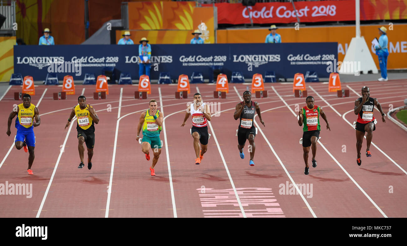 GOLD COAST, Australia - 8 aprile: Ramon Gittens, Yohan Blake, trae Williams, Adam Gemili, Gavin Smellie, Jason Rogers, Emmanuel Callender competere nel Foto Stock