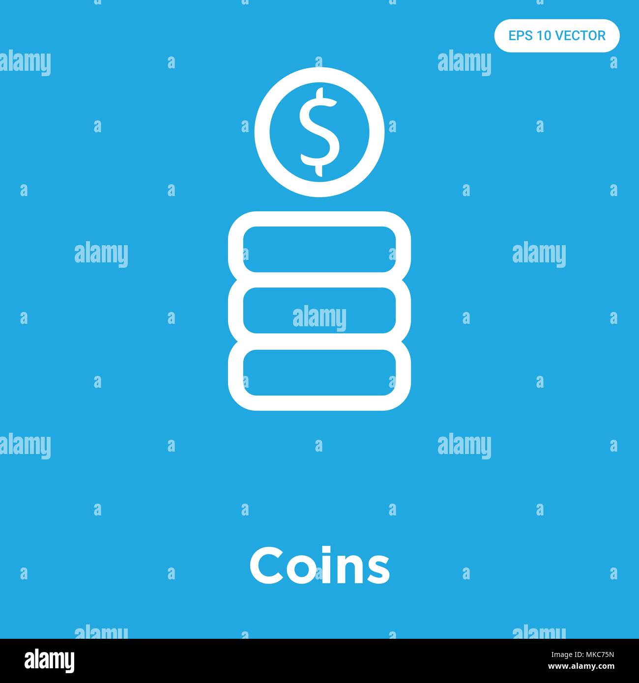 Monete icona vettore isolato su sfondo blu, simbolo e segno Illustrazione Vettoriale