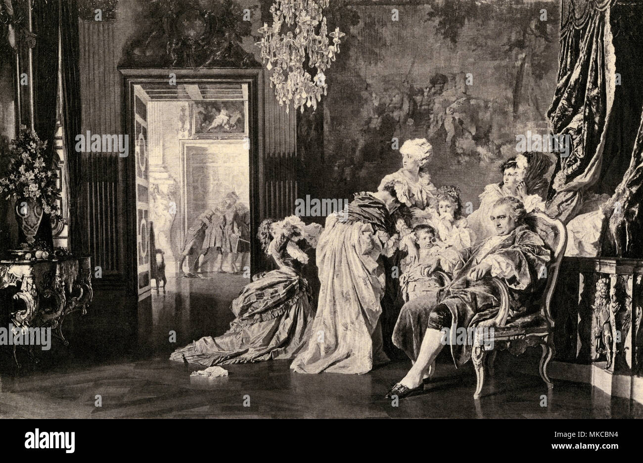 Luigi XVI e la sua famiglia a Versailles, in attesa il mob, Rivoluzione Francese. Photogravre riproduzione di un dipinto Foto Stock