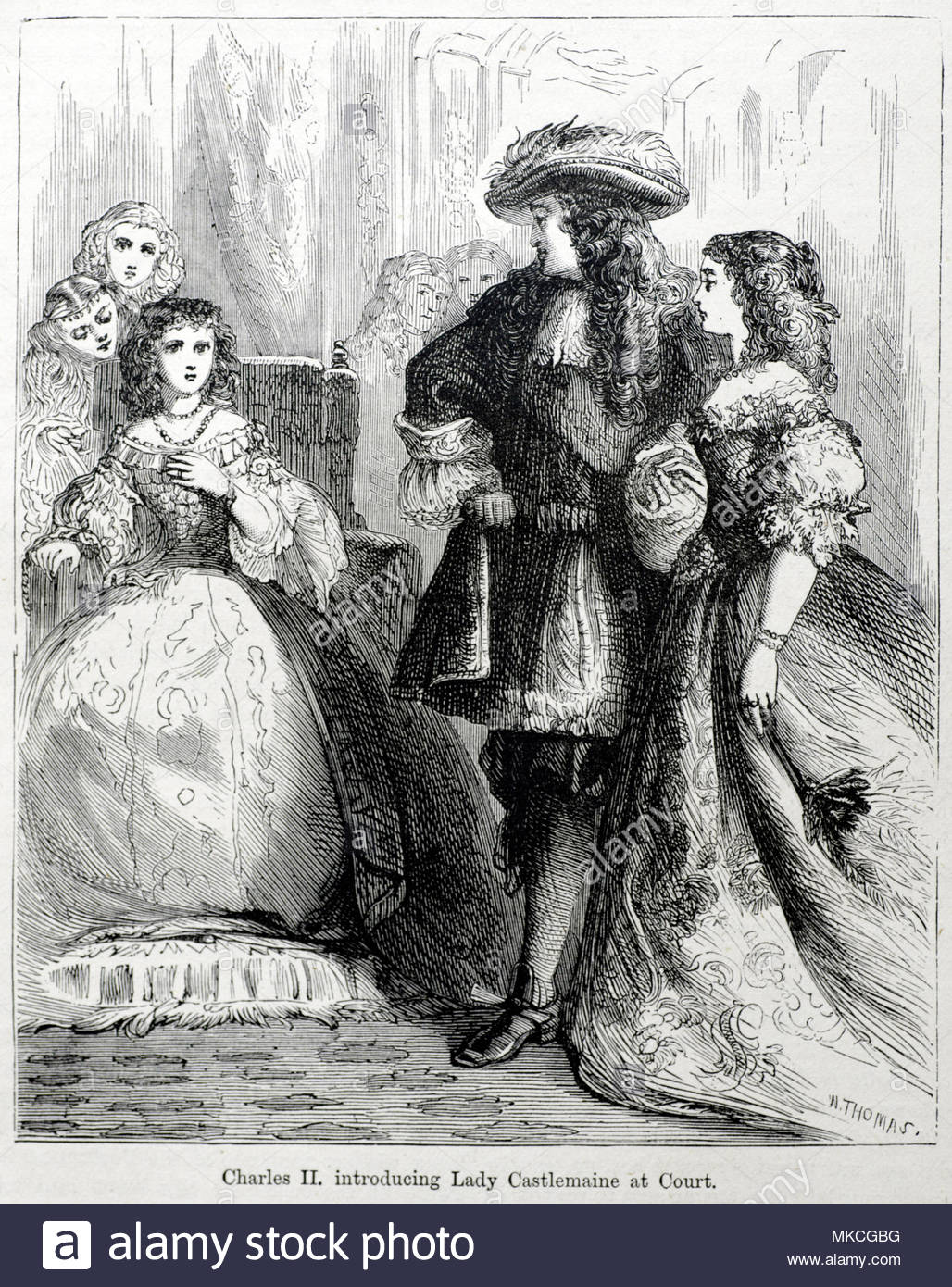 Re Carlo II, 1630 - 1685, introducendo Lady Castlemaine, uno dei suoi tanti amanti a corte antica illustrazione dal 1880 Foto Stock