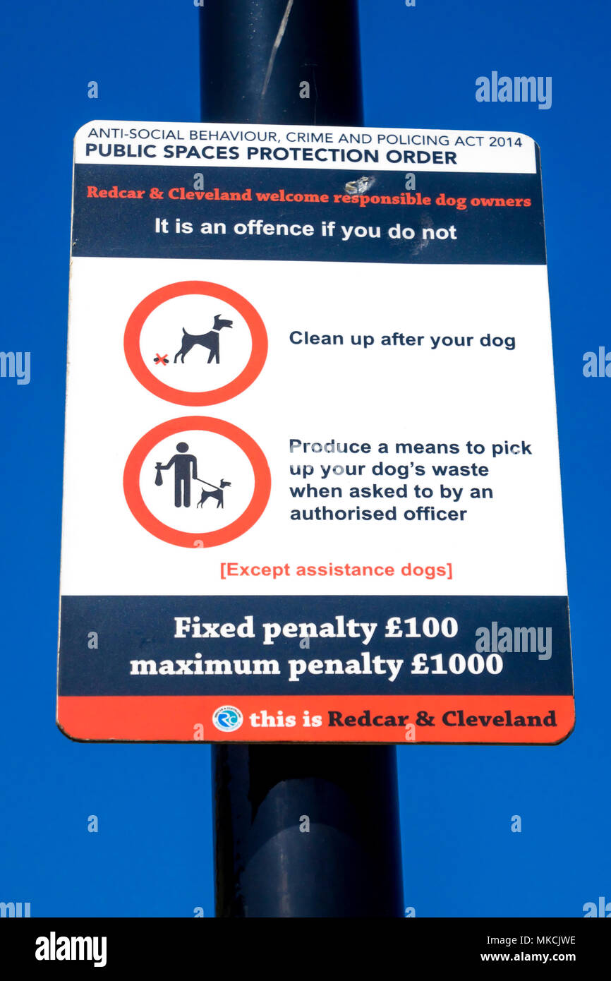 Un cartello segnaletico Nessuna incrostazione del cane antisociale di criminalità e le attività di polizia Act 2014 spazi pubblici in ordine di protezione, pulizia dopo il vostro cane produrre mezzo di prelievo Foto Stock