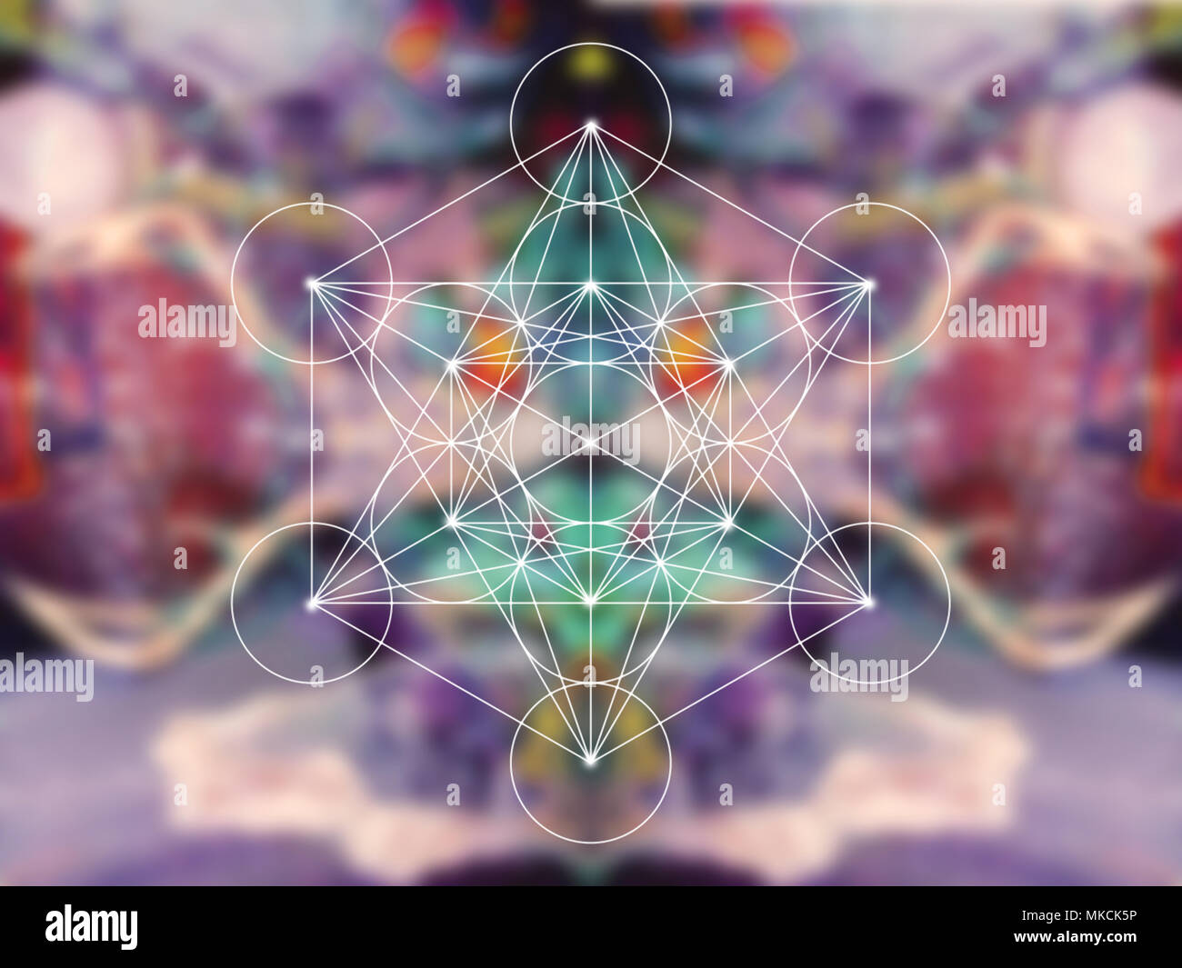Metatron cube geometria sacra sul colorato sfondo blury Foto Stock