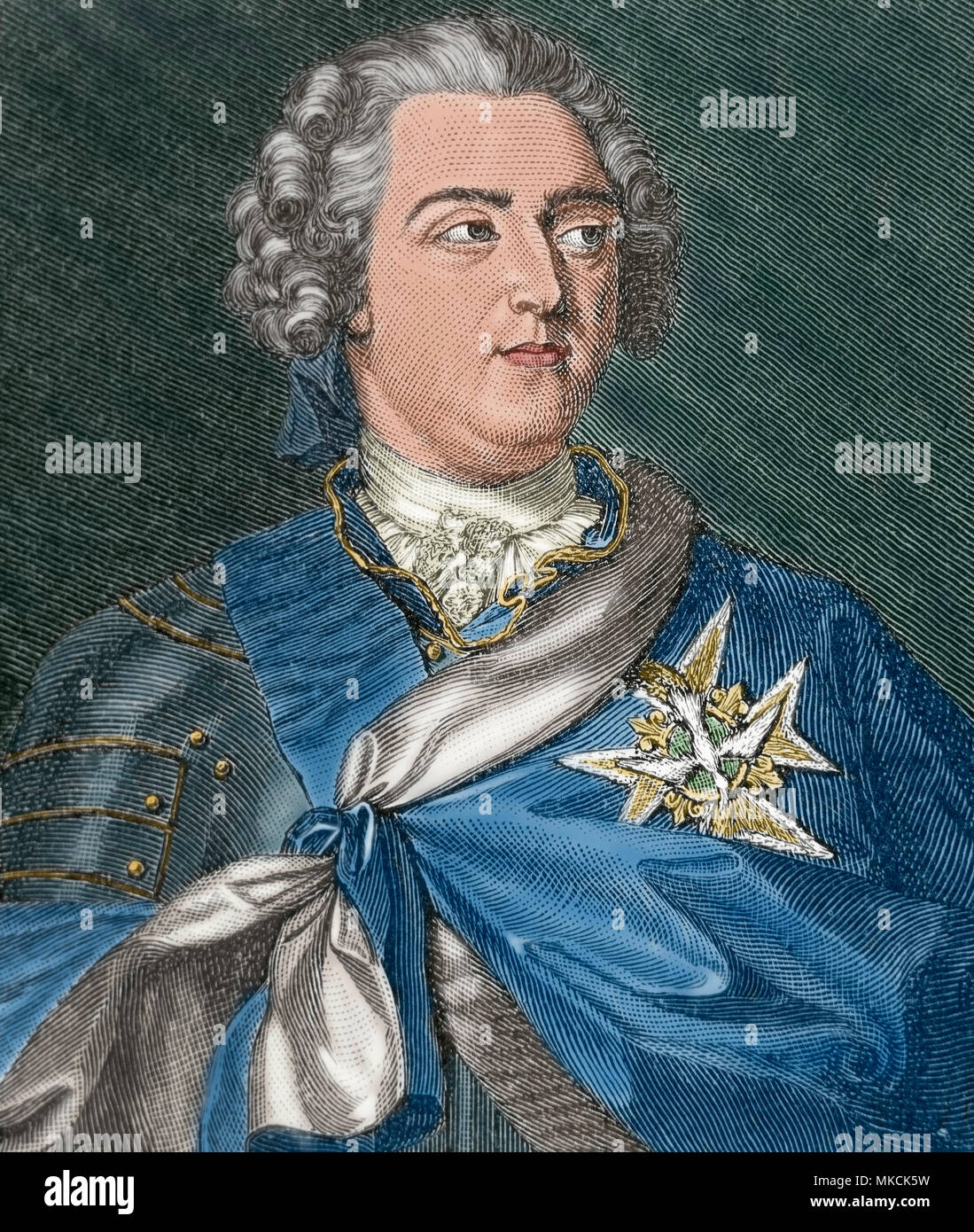 Di Luigi XV di Francia (Versailles, 1710-Versailles, 1774), il cosiddetto Louis il diletto o Louis il Well-Beloved. Il re di Francia e Navarra (1715-1774). Il monarca della Casa di Borbone. Durante la sua nonage, fino al 1723, Philippe II (Duca d'Orleans) ha agito la reggenza. Incisione, ca. 1880. Colorazione successiva. Foto Stock