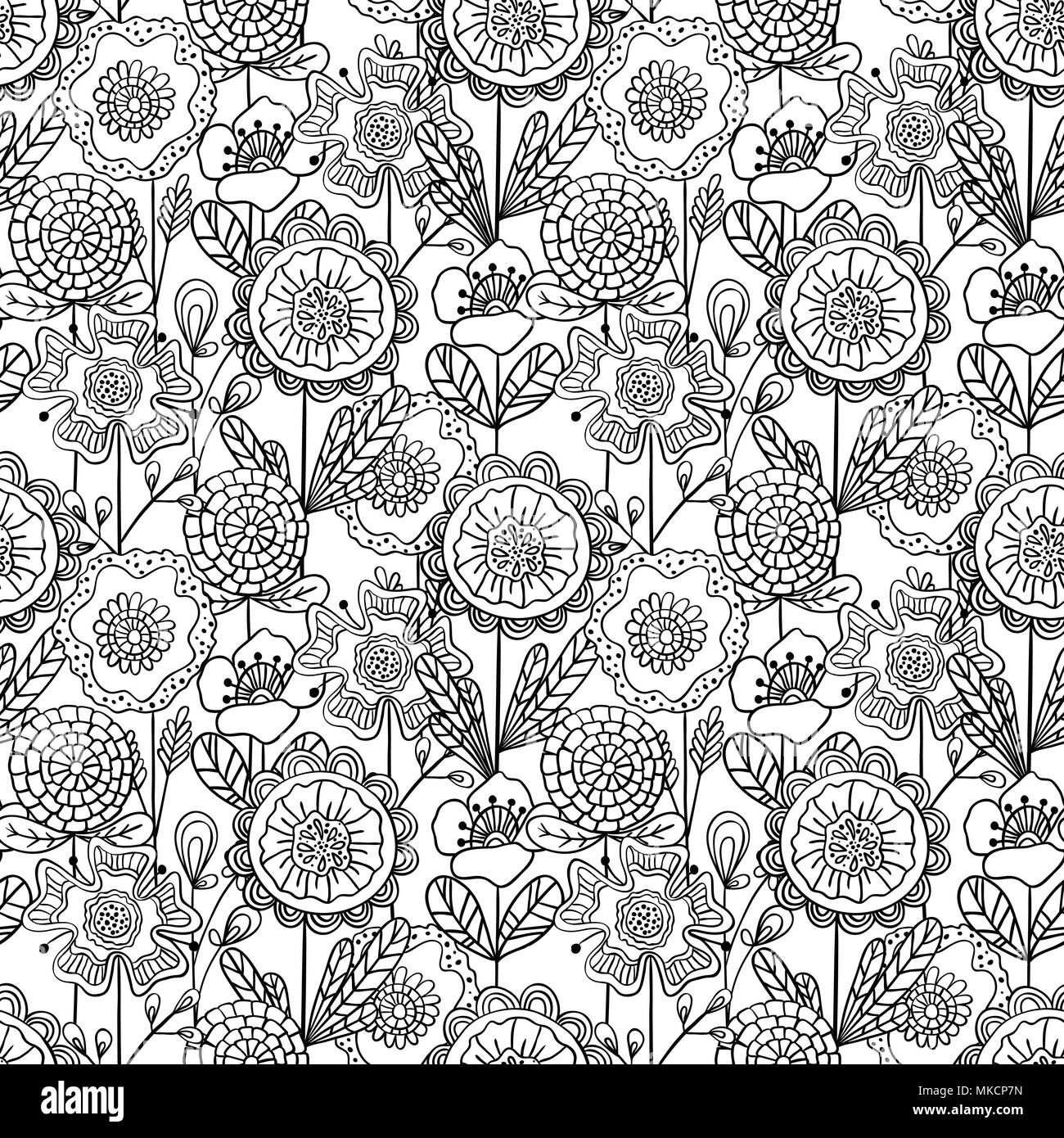 Vettore monocromatica perfetta sfondo floreale. Disegnata a mano doodle fiori pattern per il libro da colorare, il design tessile, carta da parati, scrapbooking. Illustrazione Vettoriale