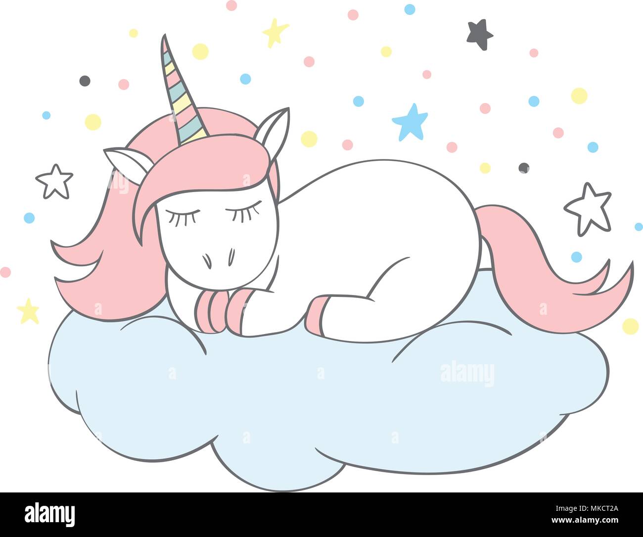 Funny cartoon unicorn personaggio di dormire su una nuvola isolata su sfondo bianco. Fairy pony incantevole. Bambini illustrazione. Doodle unicorn per schede, Illustrazione Vettoriale