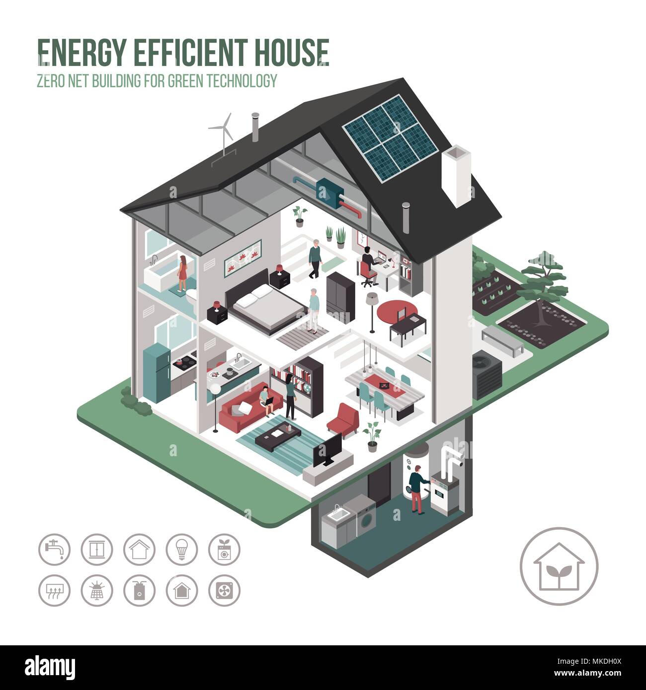 Energia contemporanea isometrica efficiente eco casa sezione trasversale e gli interni delle camere su sfondo bianco con le icone e le persone Illustrazione Vettoriale