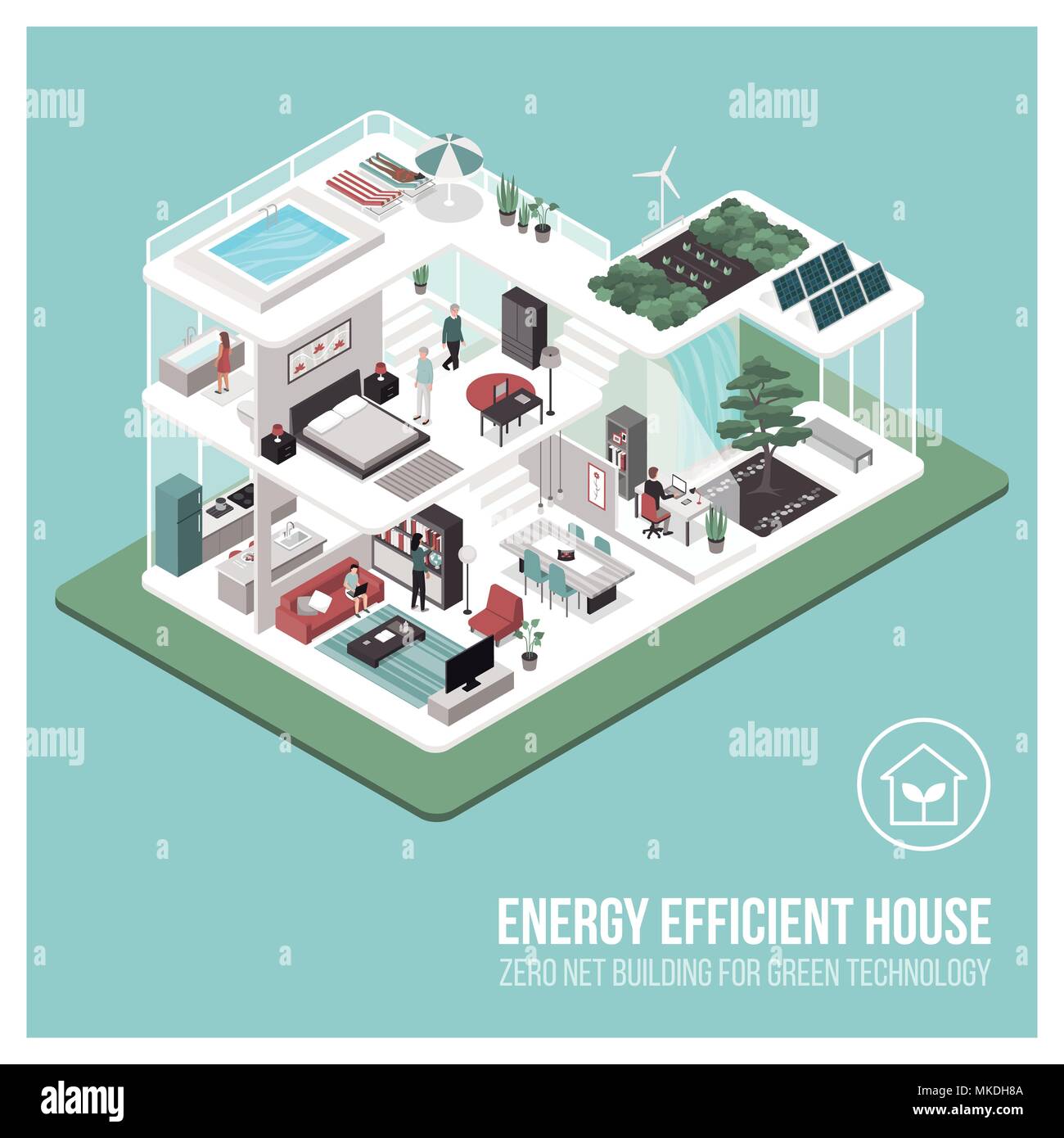 Energia contemporanea isometrica efficiente eco casa sezione trasversale e gli interni delle camere con persone: zero net building concept Illustrazione Vettoriale