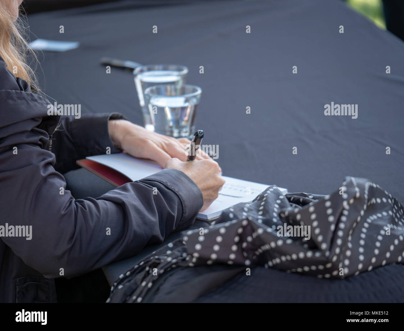 Vista posteriore di autore autographing prenota per ventole Foto Stock