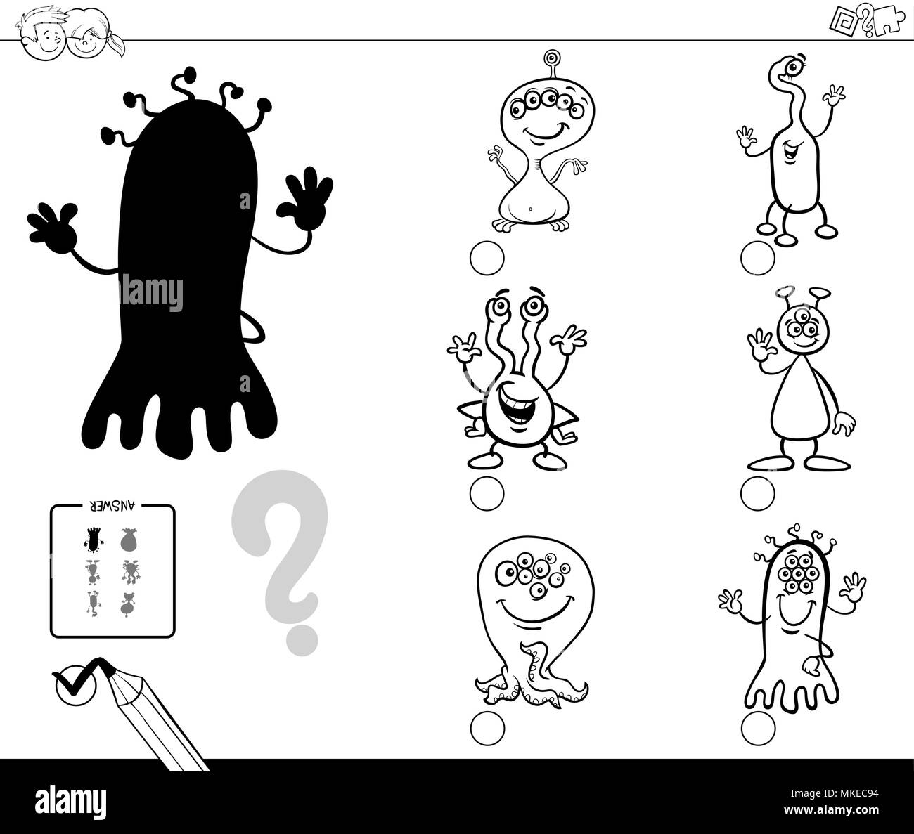Bianco e Nero Cartoon illustrazione di trovare l'ombra senza differenze di attività educative per i bambini con Alien caratteri libro da colorare Illustrazione Vettoriale