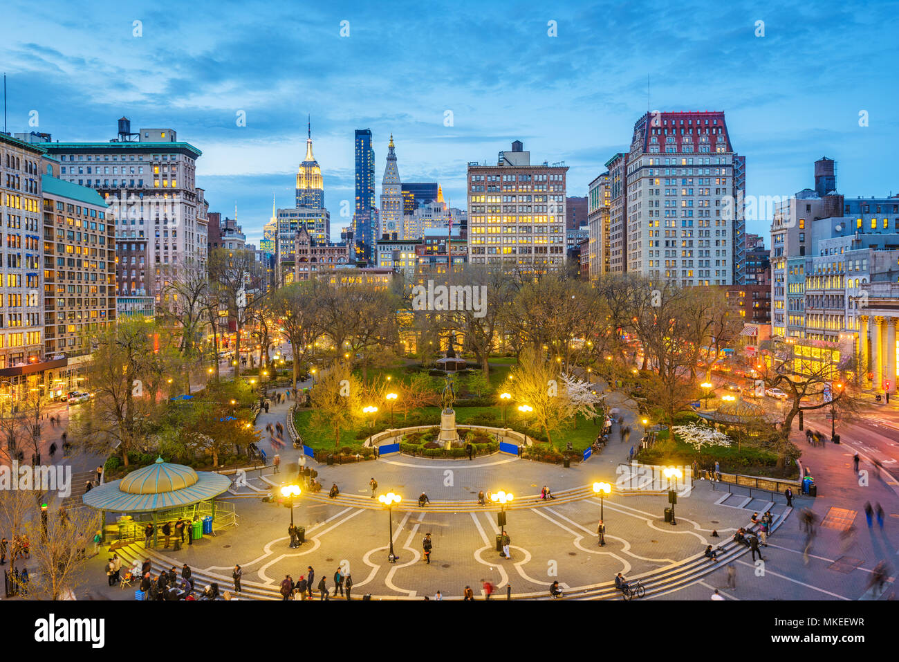 New York, New York, Stati Uniti d'America cityscape su Union Square in Manhattan inferiore al crepuscolo. Foto Stock
