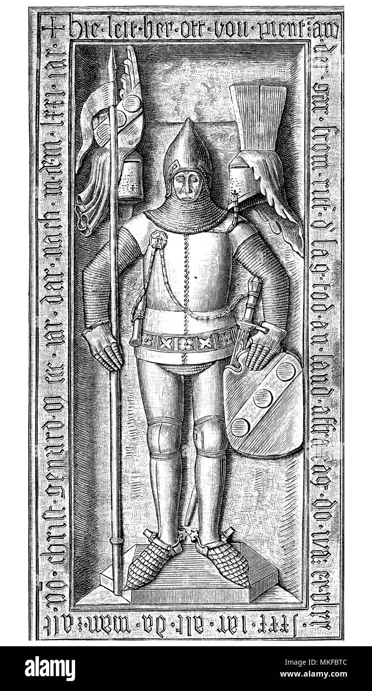 Ottone II von Pienzenau scultura di pietra sulla tomba knight in Ebersberg chiesa parrocchiale, Germania, anno 1371 Foto Stock