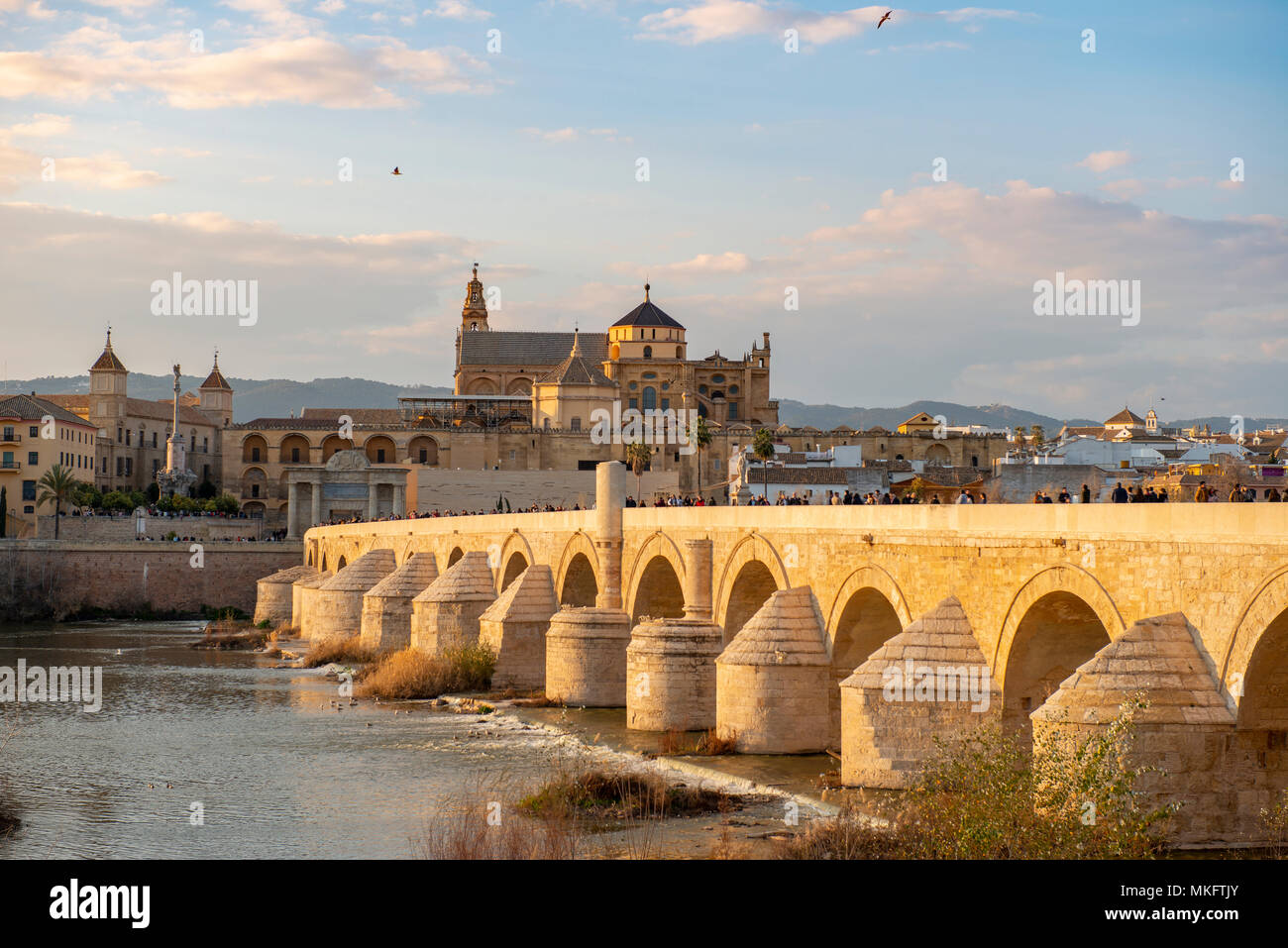 Puente Romano, il ponte romano sul Rio Guadalquivir, dietro la Mezquita, Catedral de Córdoba, Cordoba, Andalusia, Spagna Foto Stock