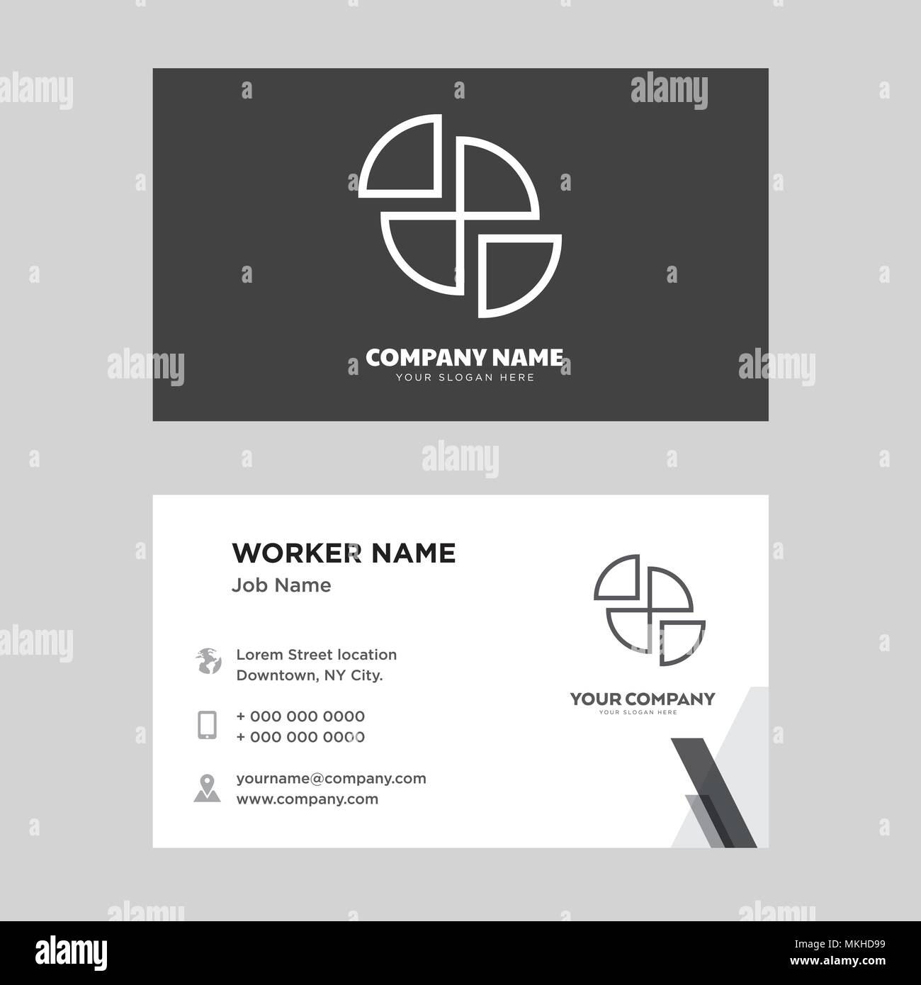 Grafico a torta business card modello di progettazione, visita per la vostra azienda, moderna identità orizzontale vettore scheda Illustrazione Vettoriale
